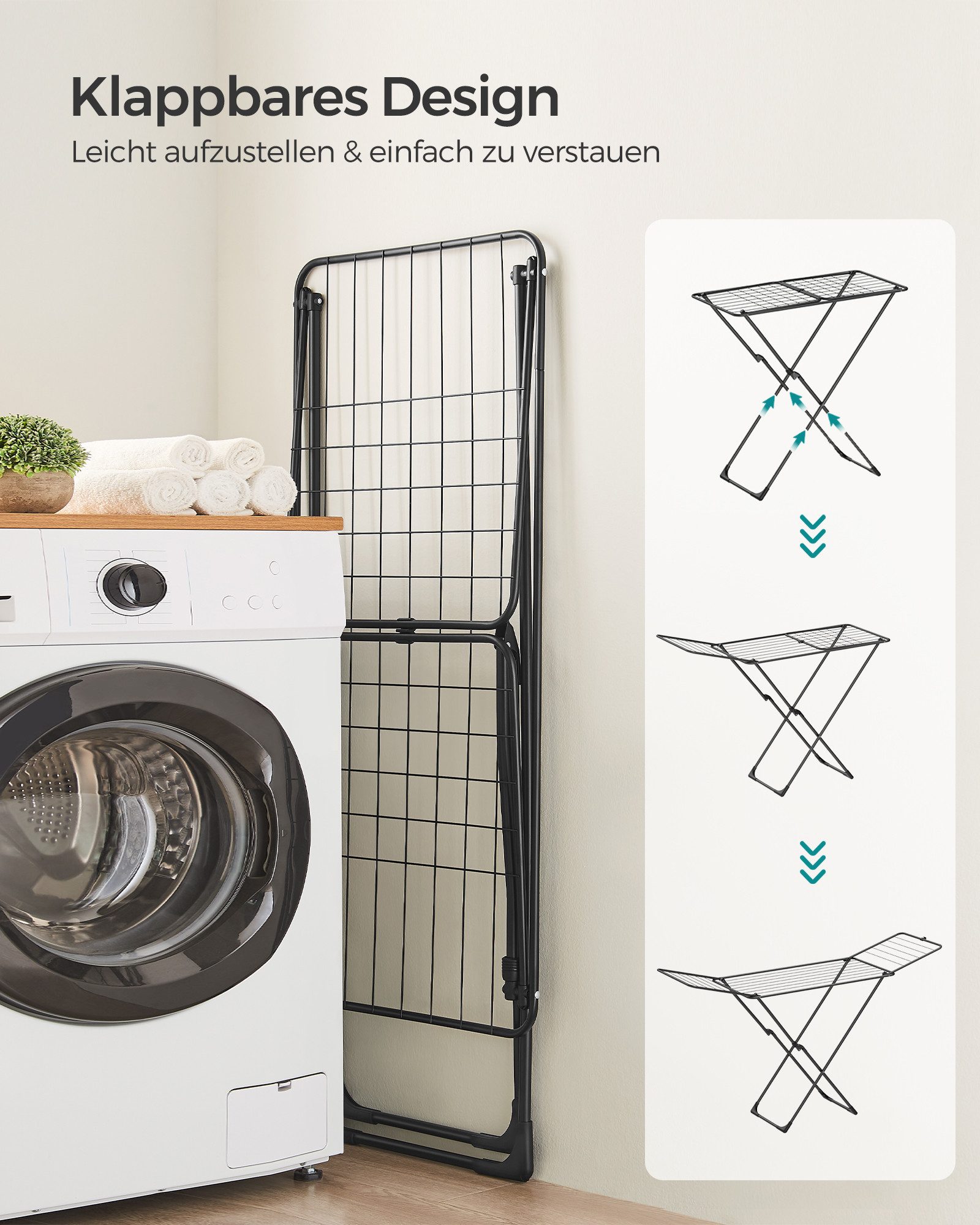 SONGMICS Wäscheständer Standtrockner klappbar, Flügelwäscheständer, freistehend, für Innen- und Außenbereich, für Bettwäsche und Kleidung – Bild 4 von 5