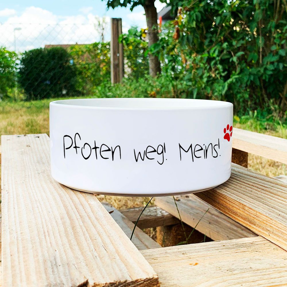 Cadouri Futternapf PFOTEN WEG! MEINS! Design-Hundenapf, Futterschüssel für Hunde, Keramik, lebensmittelechter, schwerer Napf mit Motiv, 1000 ml