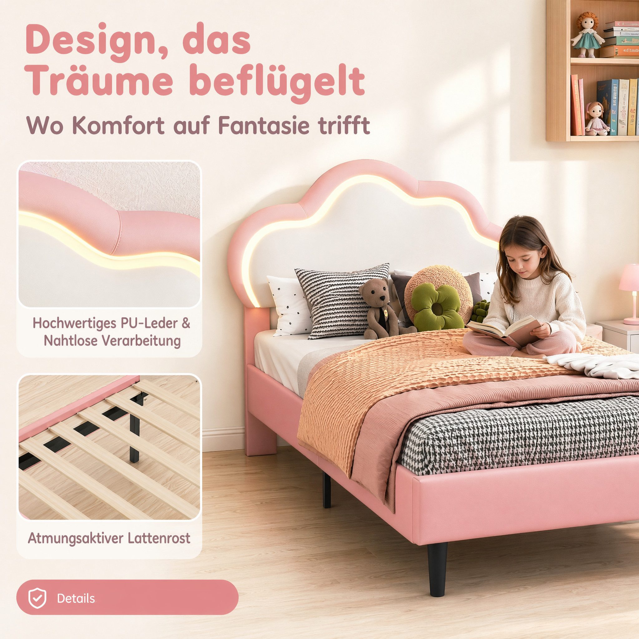 Simurq Kinderbett 90x200cm Bettgestell, Einzelbett, Polsterbett, Jugendbett, Mit LED, Mit Lattenrost, Prinzessin Bett