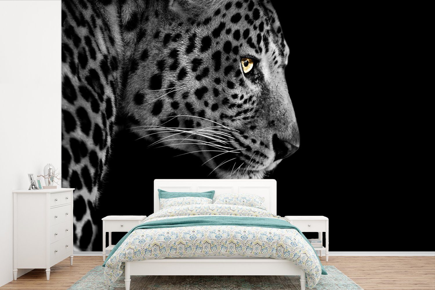MuchoWow Fototapete Leopard - Schwarz Matt, bedruckt, Tapete Wohnzimmer, Pelz, St), Schlafzimmer, Wallpaper Kinderzimmer, Vinyl Weiß - (6 für 