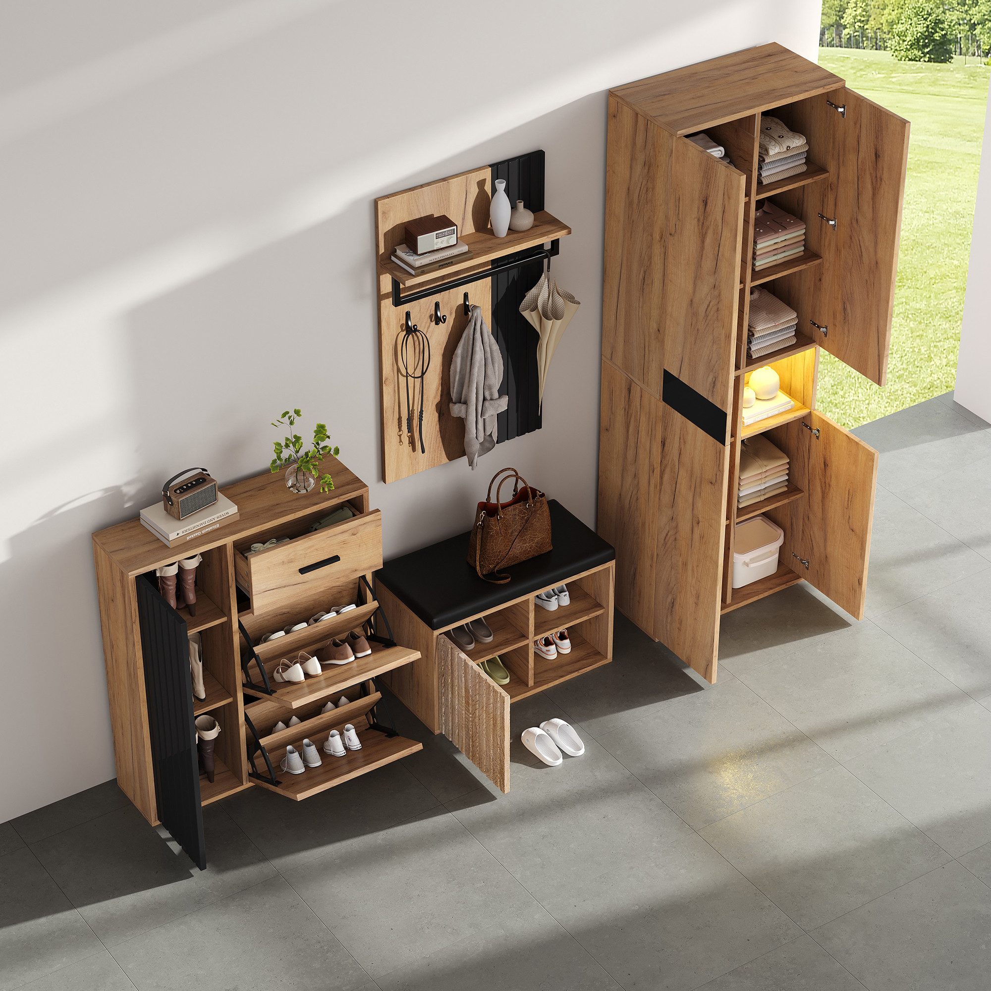 Merax Garderoben-Set 4-teilig Garderobenset, (1-St., Kleiderschrank, Schuhschrank, Schuhbank & Wandgarderobe), Flurmöbel, 215×36×190 cm – Bild 5 von 5