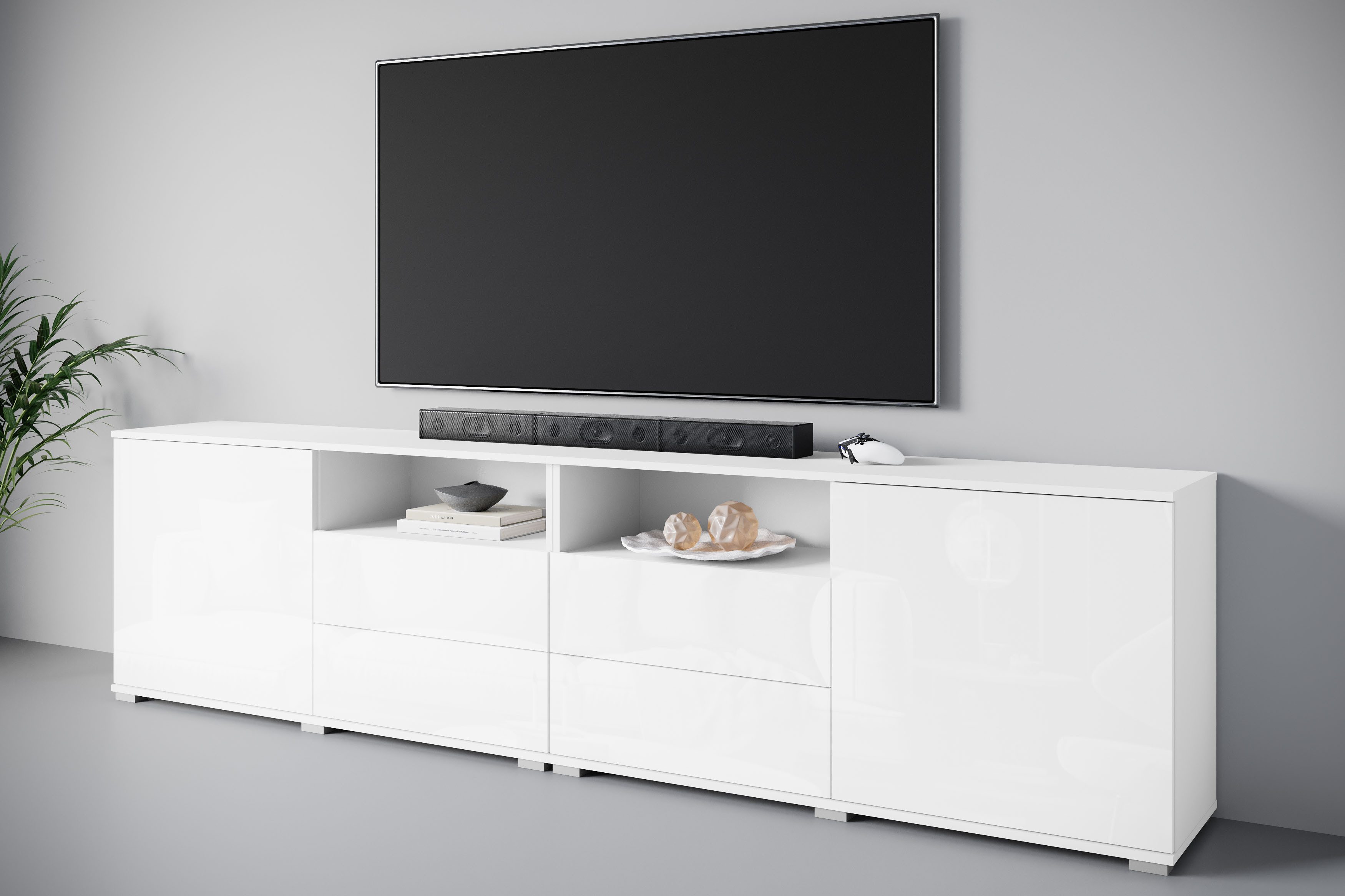 OTTO home Lowboard Kenia, TV-Schrank, 240 cm breit, mit 2 Türen und 4 Schubladen (1 St), Höhenverstellbare Einlegeböden und offene Ablagefächer