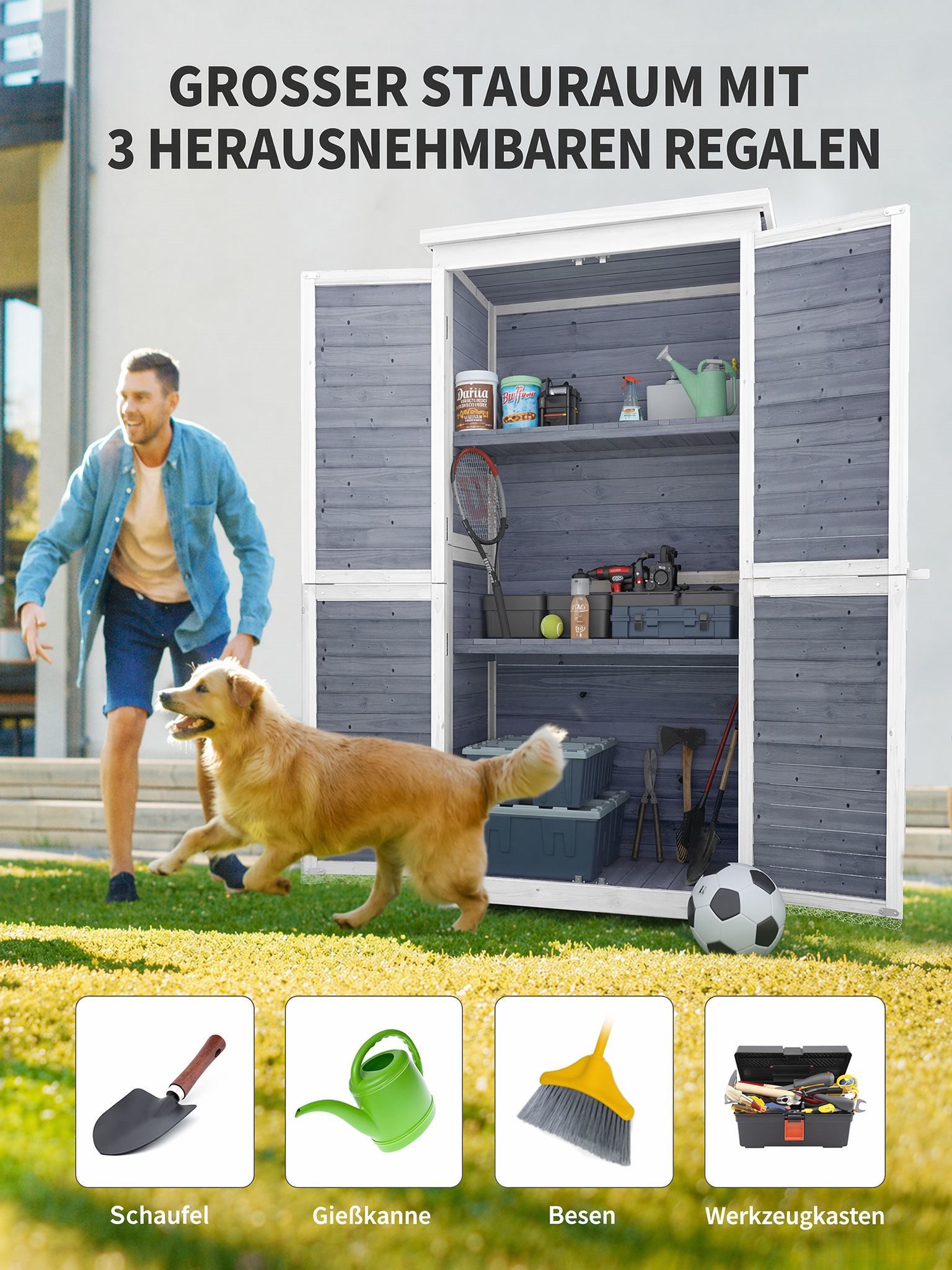 Blishom Gerätehaus Gartenschrank Holz mit Schloss, Geräteschrank Outdoor wasserdicht, mit 3 Regalen, Bitumendach, 160 × 47 × 87 cm