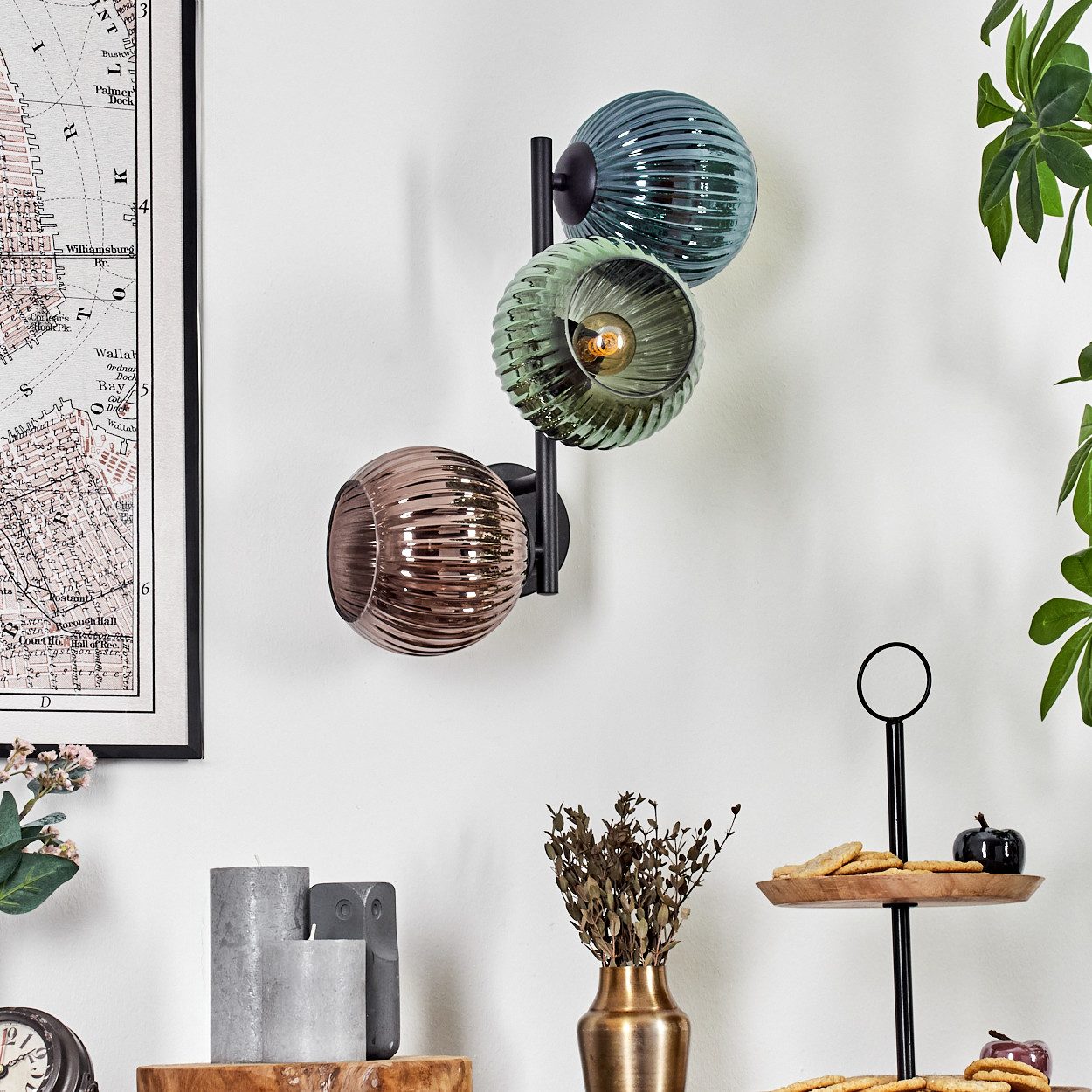 hofstein Wandleuchte Wandlampe aus Metall/Riffelglas in Schwarz/Blau/Grün/Kupferfarben, ohne Leuchtmittel, moderne Wandleuchte im Retro/Vintage-Design (Schirme 15 cm), E14