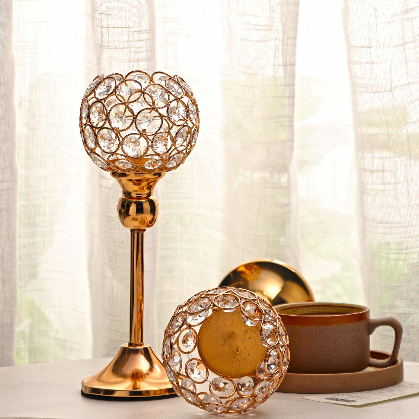 Windlicht, Kerzenhalter, KAHOO 27cm Goldener Tischdeko, Kerzenständer Kristall