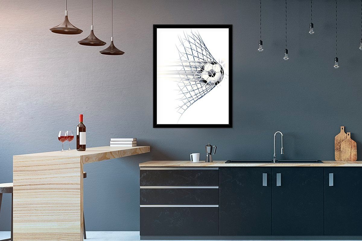 MuchoWow Poster Eine Illustration eines Fußballs, der ins Tor geht - Jungen - Mädchen, (1 St), mit Rahmen, Kunstdruck, Gerahmtes Poster, Schwarzem Bilderrahmen