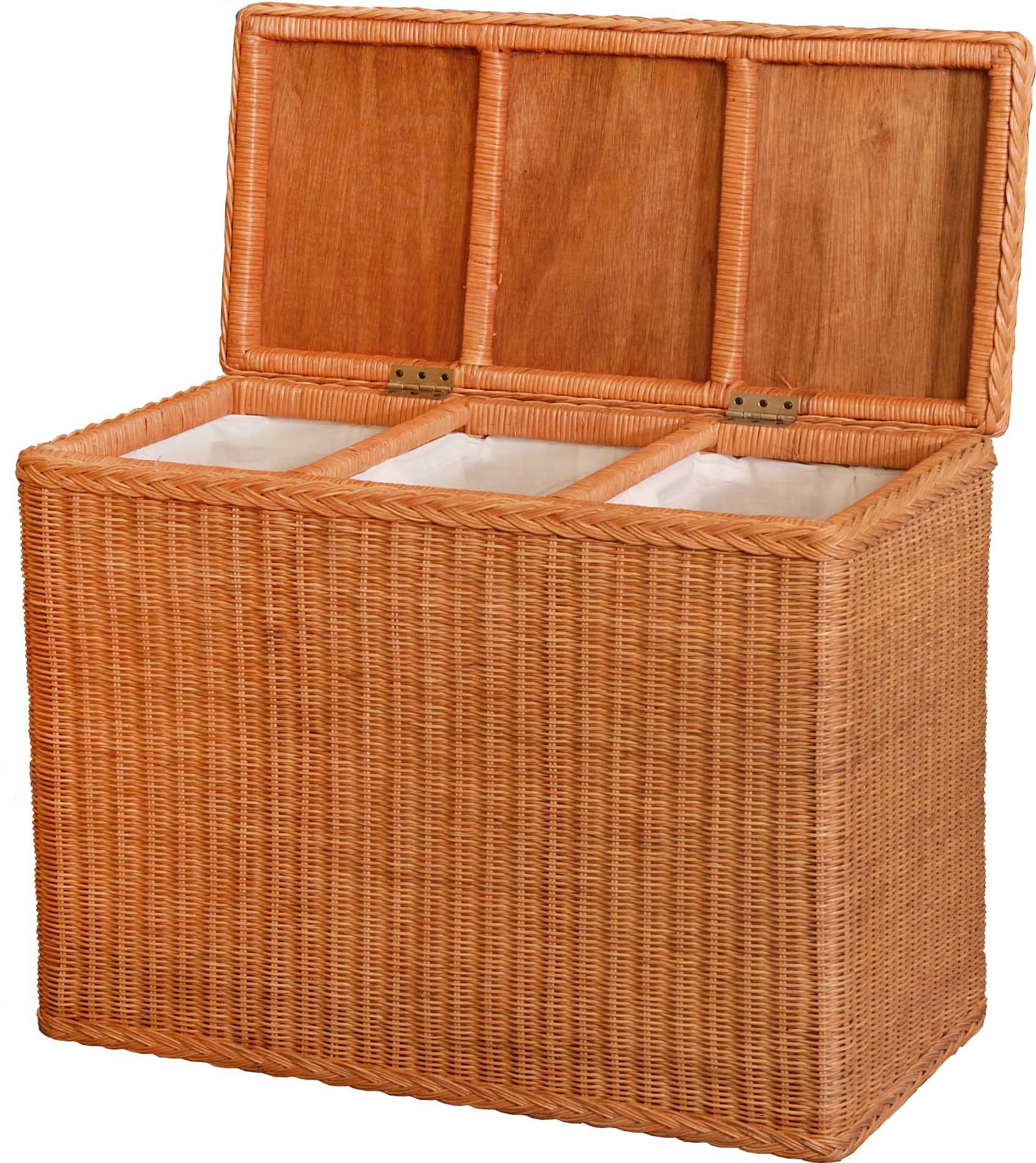 Krines Home Wäschesortierer Rattan Wäschekorb Unterteilung, Terracotta Wäschesammler Unterteilungen und mit Fächer drei Deckel Wäschesortierer 3