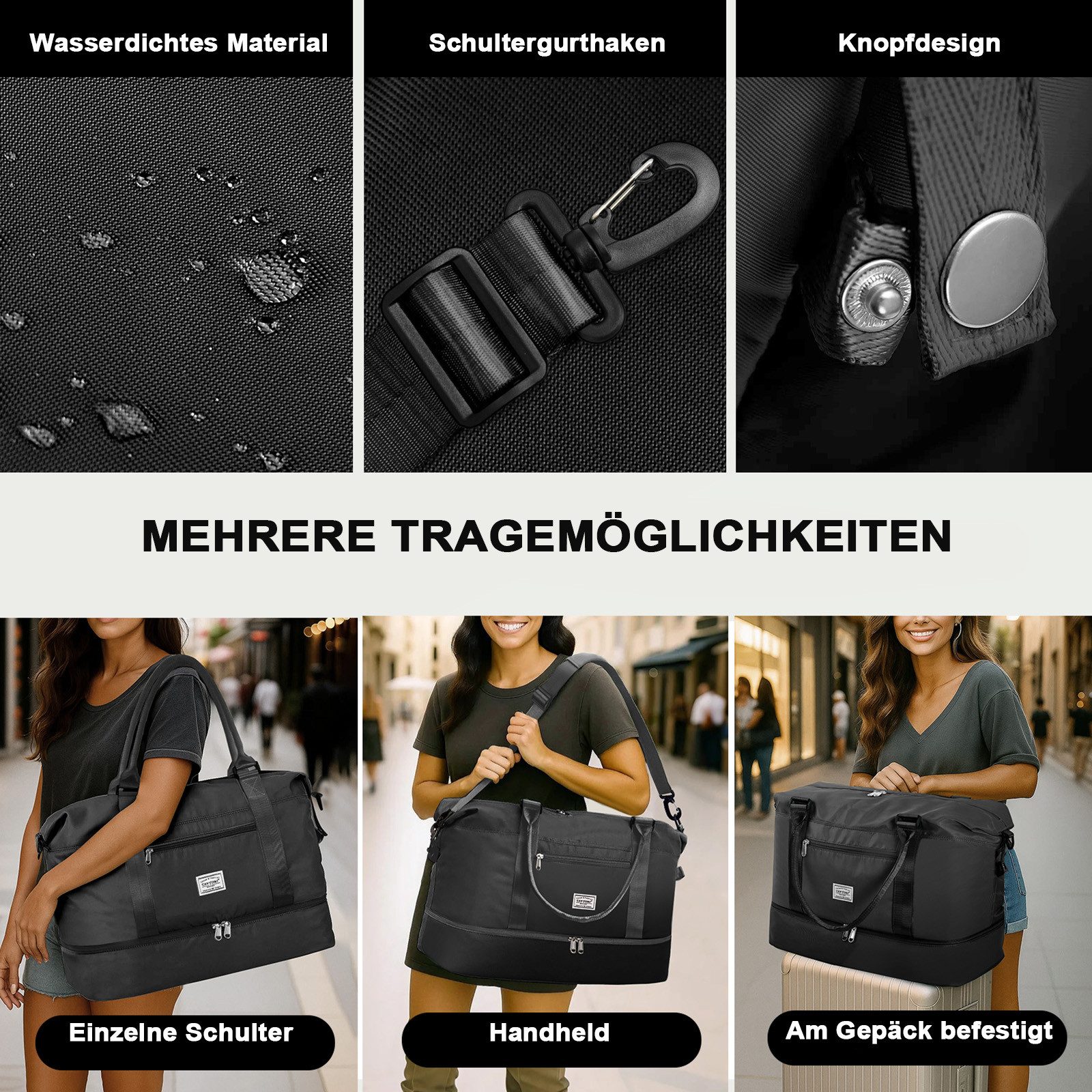 TAN.TOMI Reisetasche Wasserdicht Travel Duffle Bag 46x46x23 Tragetasche Sporttasche (Erweiterbar mit Trolley-Ärmel und Nasstasche), Fitnesstasche Trainingstasche Krankenhaustasche mit Schuhfach