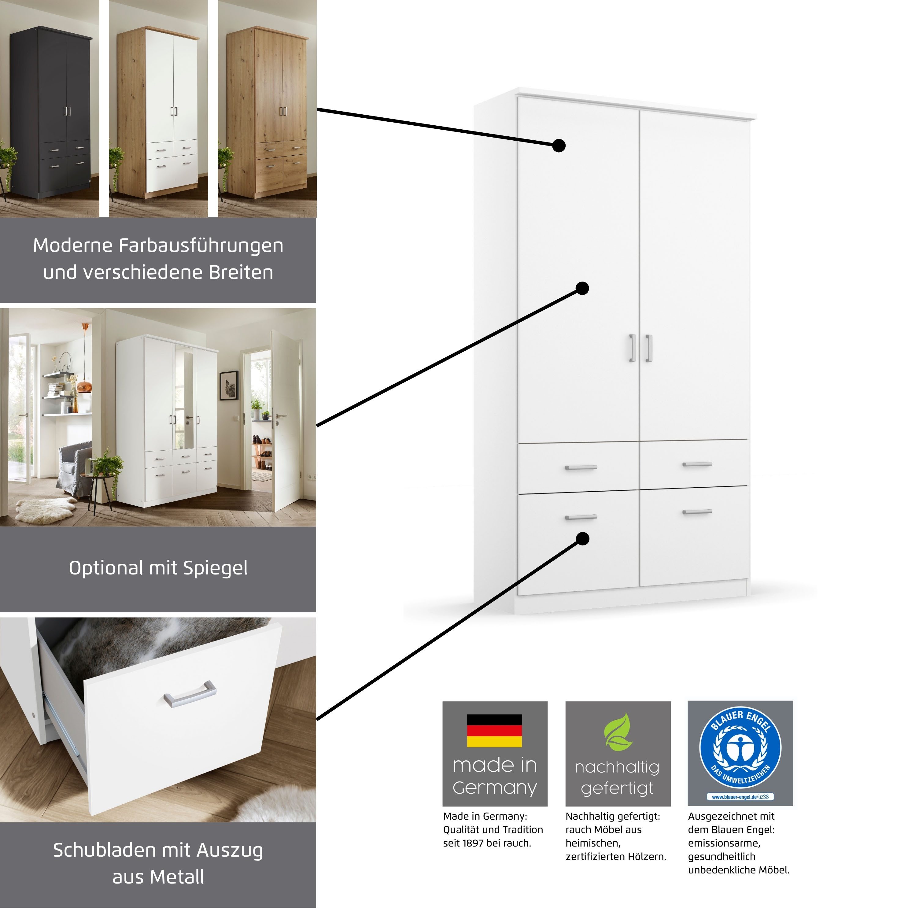 rauch Kleiderschrank Kleiderschrank Schrank Garderobe deckenhoher Schrank BREMEN (optional mit Spiegel, Breiten: 91/136/181 cm, Höhe: 199 cm) in vielen Farbvariationen, inkl. Kranzblende MADE IN GERMANY