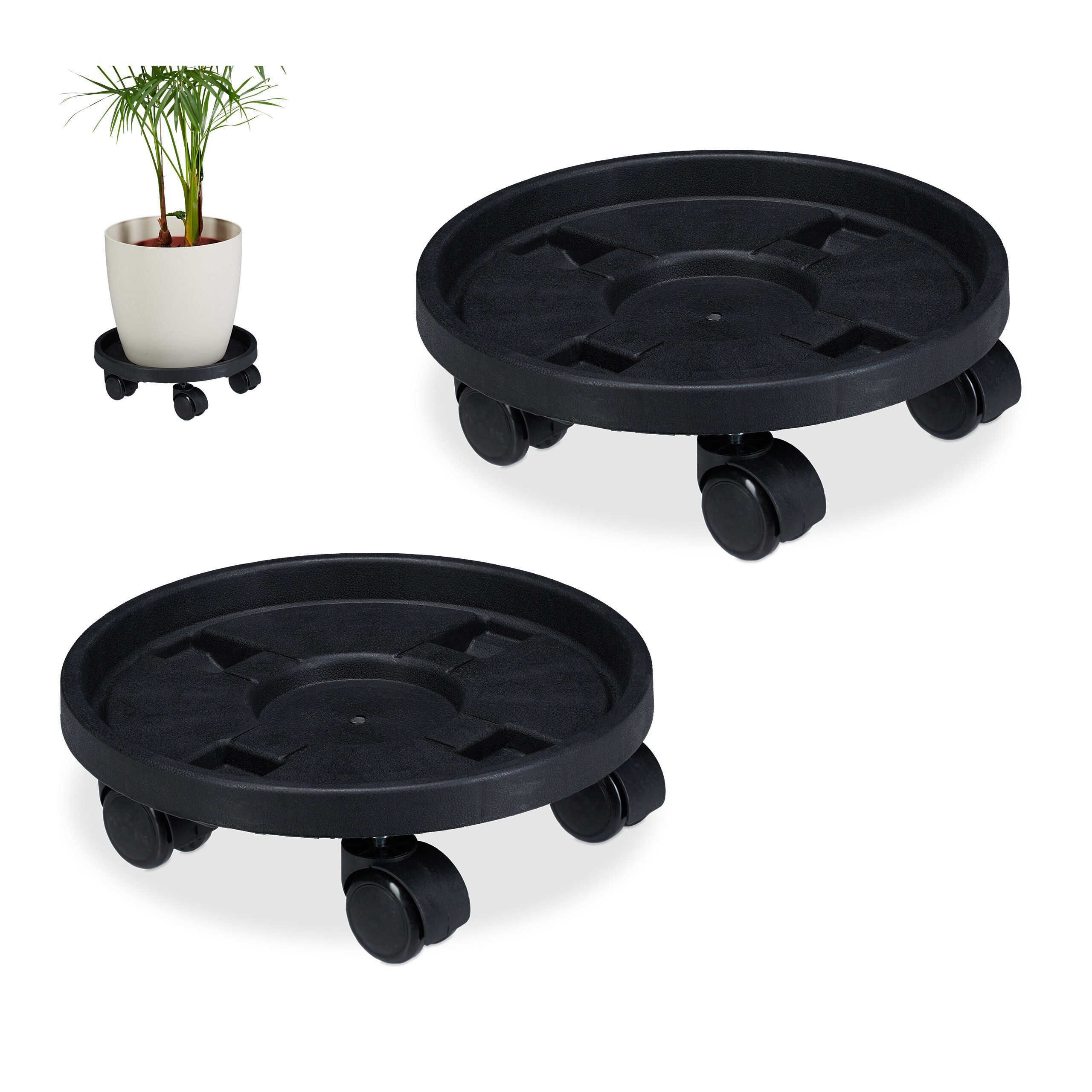 relaxdays Blumentopfuntersetzer Pflanzenroller Kunststoff klein 2er Set, Zubehör für Blumentöpfe bis 27,5 cm Durchmesser, 2-tlg.