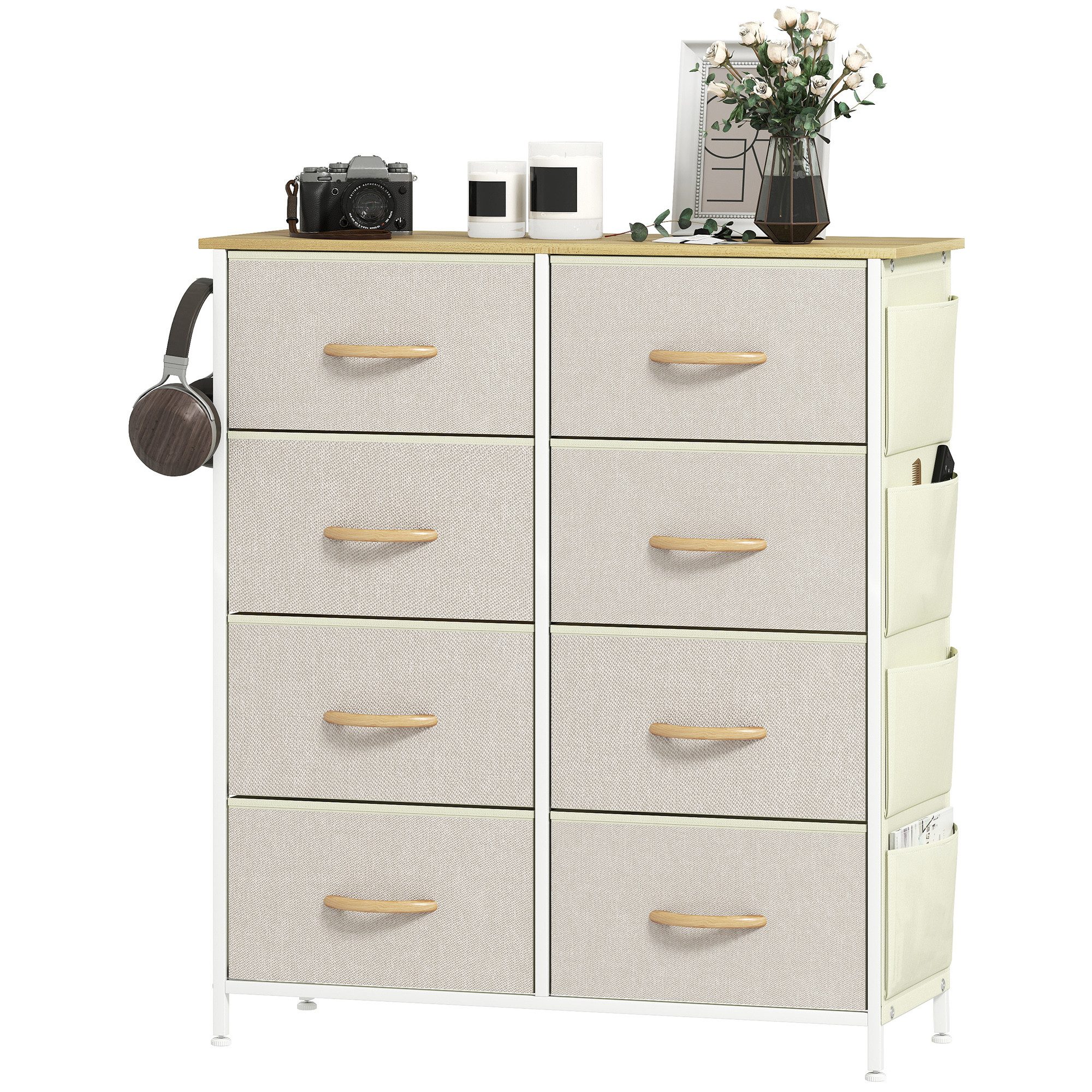 HOMCOM Kommode Schrank mit 8 Schubladen aus Vliesstoff, Haken, Seitentasche (Schubladenschrank, 1 St., Aufbewahrungsschrank), Modern Sideboard für Schlafzimmer, Wohnzimmer Beige