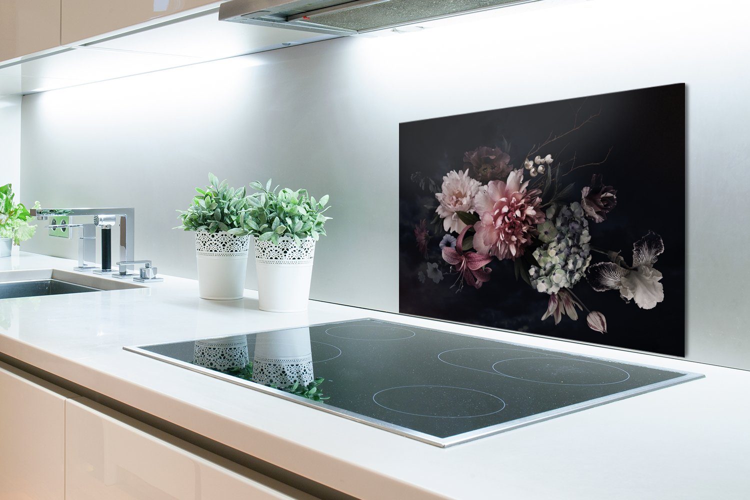 Küchenrückwand Pastell cm, küchen 60x40 - Temperaturbeständig Blumenstrauß, Wandschutz, aus - MuchoWow (1-tlg), Schwarz - Blumen Vintage - Herdblende