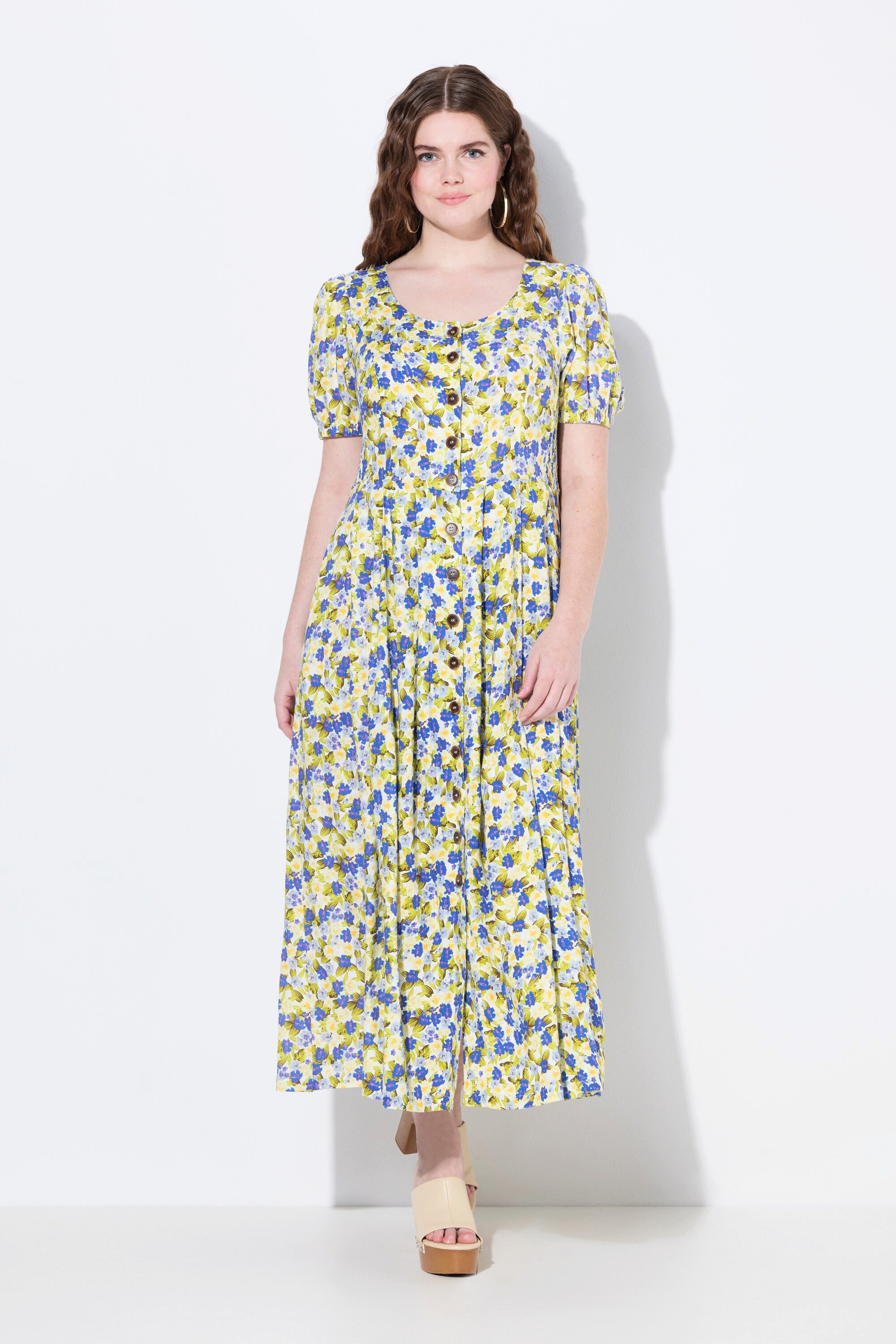 Ulla Popken Dirndl Leinenmix-Maxikleid Rundhals Halbarm günstig online kaufen