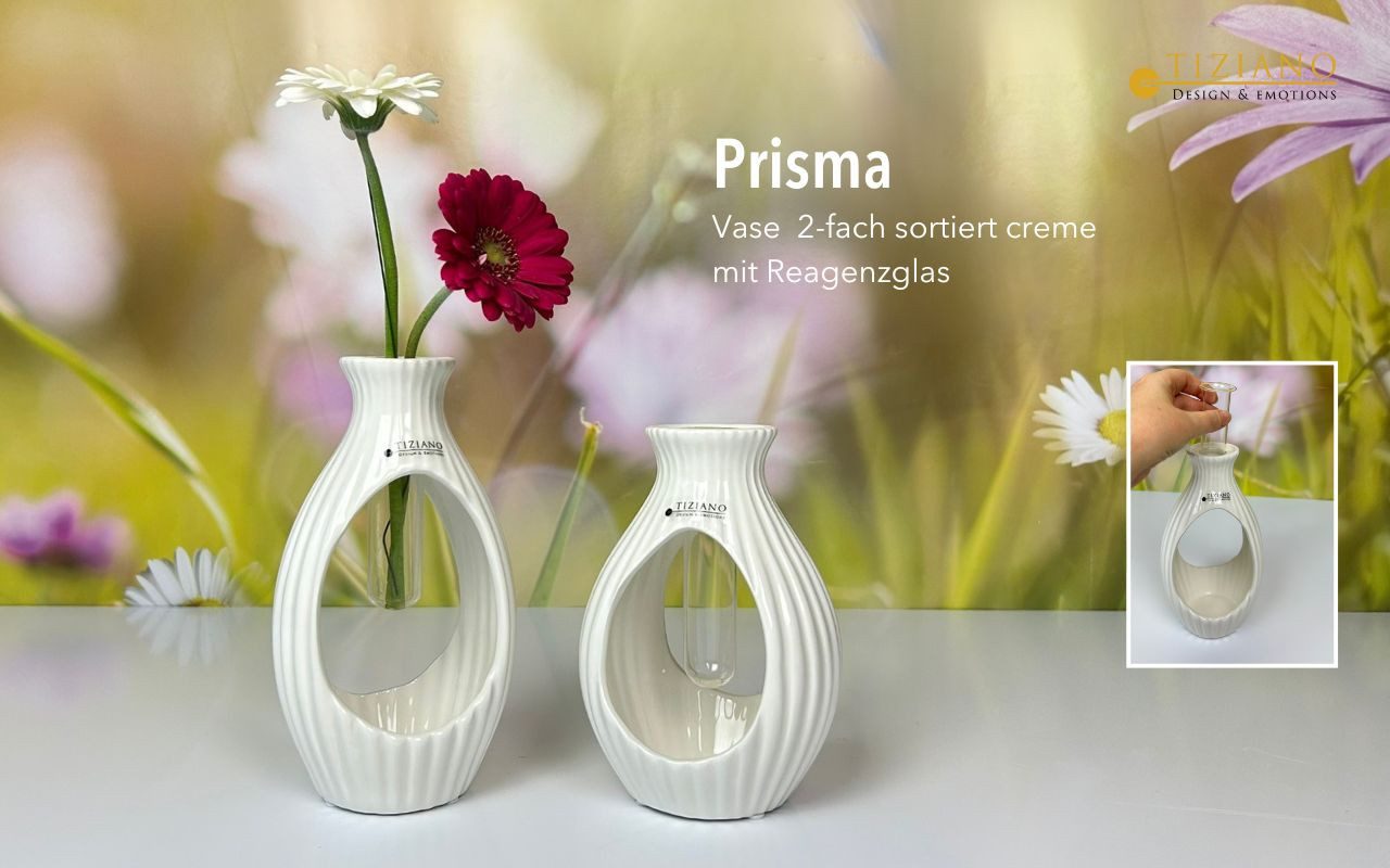 TIZIANO - DESIGN & EMOTIONS Tischvase Vase Prisma mit Glaseinsatz cremeweiß