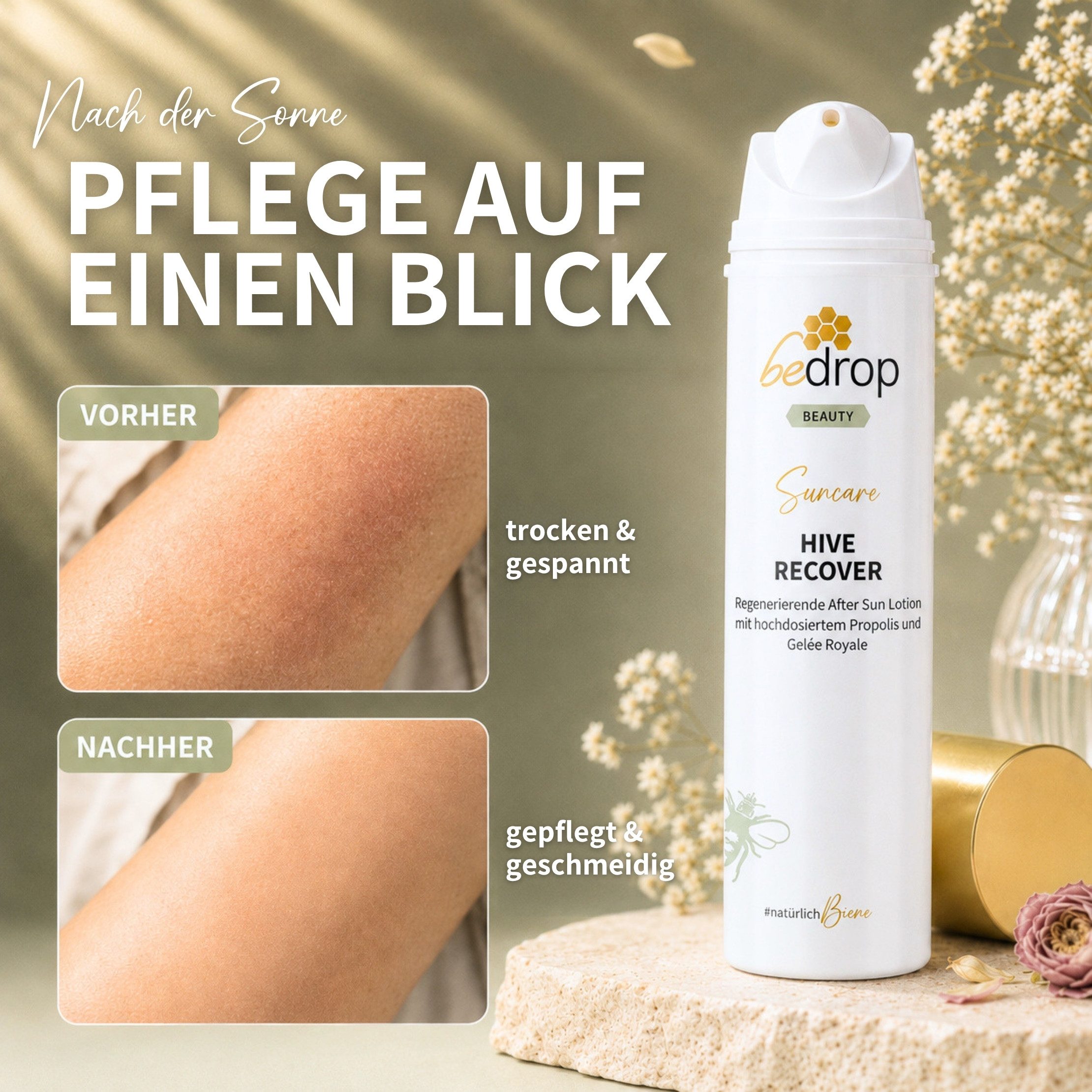 bedrop After Sun-Lotion HIVE RECOVER - After Sun Lotion mit Gelée Royale & Propolis Body Lotion nach dem Sonnenbad, Feuchtigkeitscreme, Regenerationspflege, Regenerierende & kühlende Bodylotion für sonnengestresste Haut, Pflege