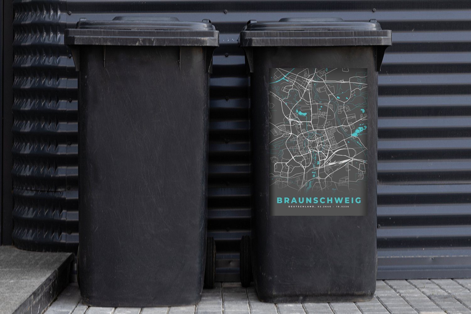 (1 Sticker, Mülltonne, Mülleimer-aufkleber, Deutschland St), - Container, Braunschweig Abfalbehälter Wandsticker - MuchoWow Karte - Blau Stadtplan -
