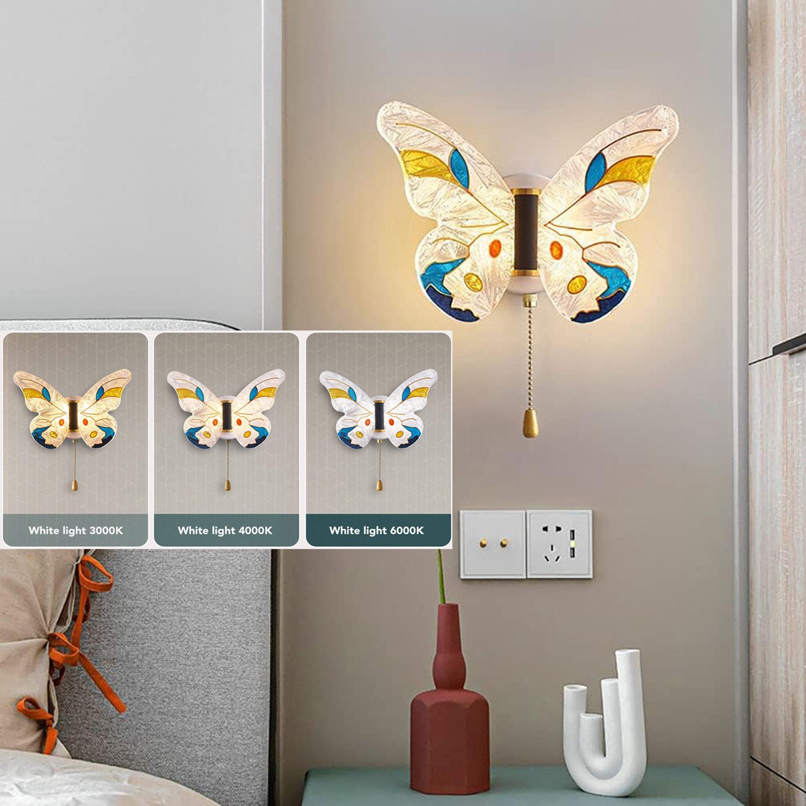 POPOLIC LED Wandleuchte LED-Wandleuchten Dimmbar 3 Farbtem Schmetterlings Wandlampe 8W, Mit Zugschalter, LED fest integriert, Acryl Wandlampe für Schlafzimmer,Kinderzimmer,Treppen,Flur