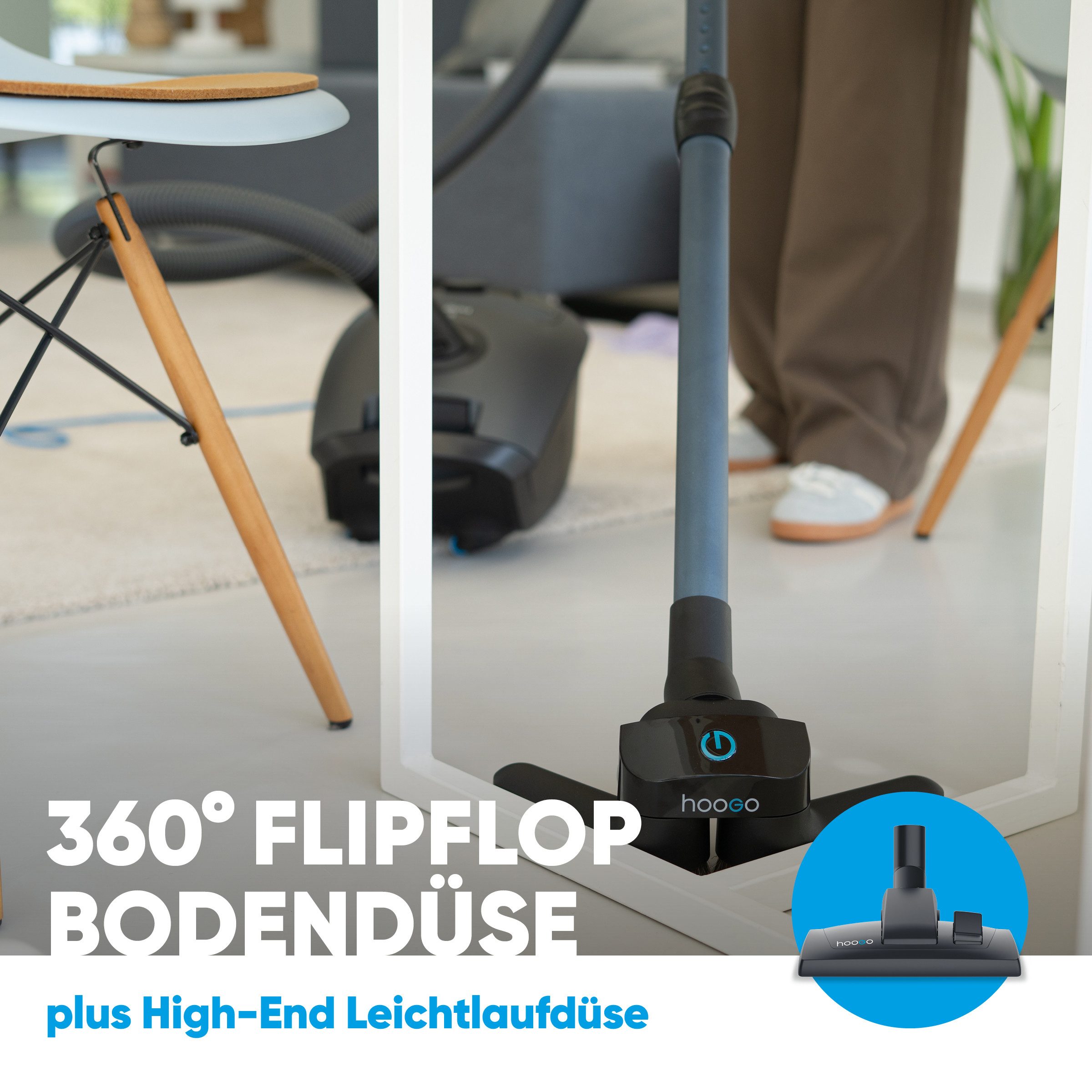 hoogo Bodenstaubsauger B3+ anthrazit flipflop mit High-End Leichtlaufdüse und flipflop-Düse, 850,00 W, mit Beutel, HEPA-14-Filter, ideal für Allergiker, saugt Milben und Pollen