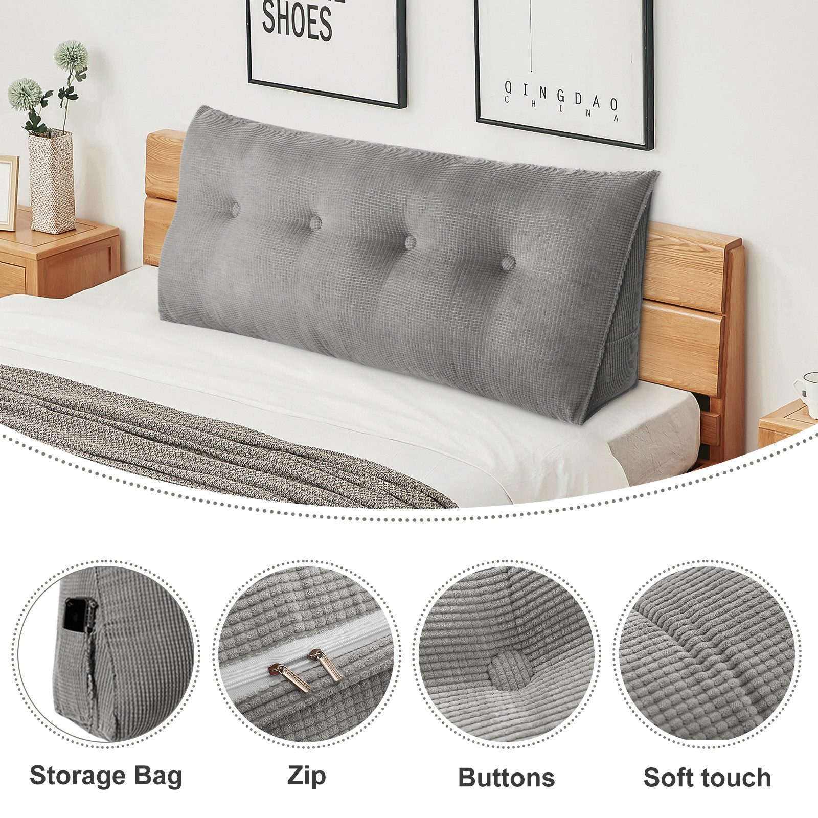 JEOBEST Rückenkissen Keilkissen mit waschbarem Bezug, Rückenstützkissen, Versch. Größen, Ideal zum Anlehnen im Bett, Lang 1.2/1.4/1.6/1.8/2M