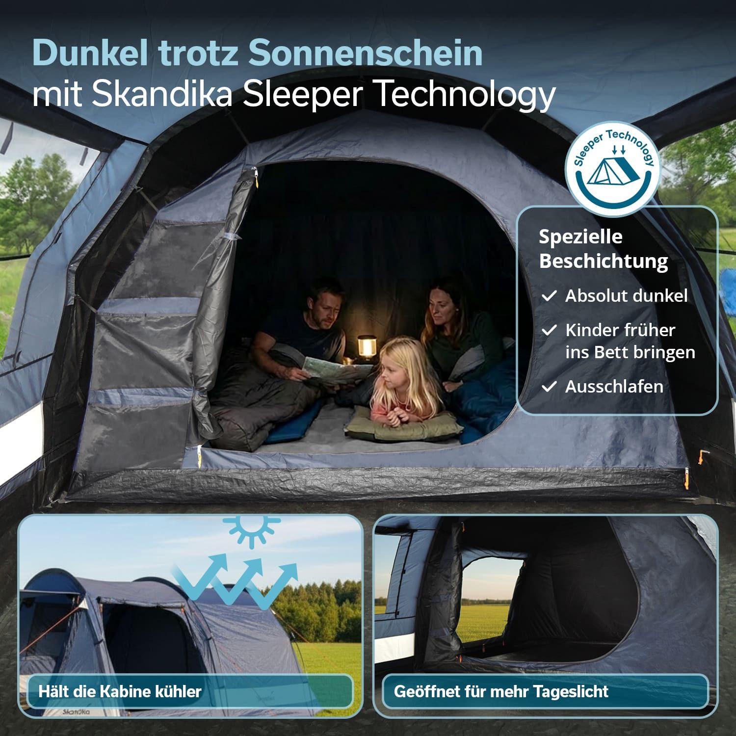 Skandika Tunnelzelt Kambo 4 Sleeper Protect, mit dunkler Schlafkabine, Tragetasche, Personen: 4 (Separater Eingang zur Schlafkabine, Haken für Lampenaufhängung), eingenähter Zeltboden, Moskitonetz an Eingang, Schlafkabine, Fenster