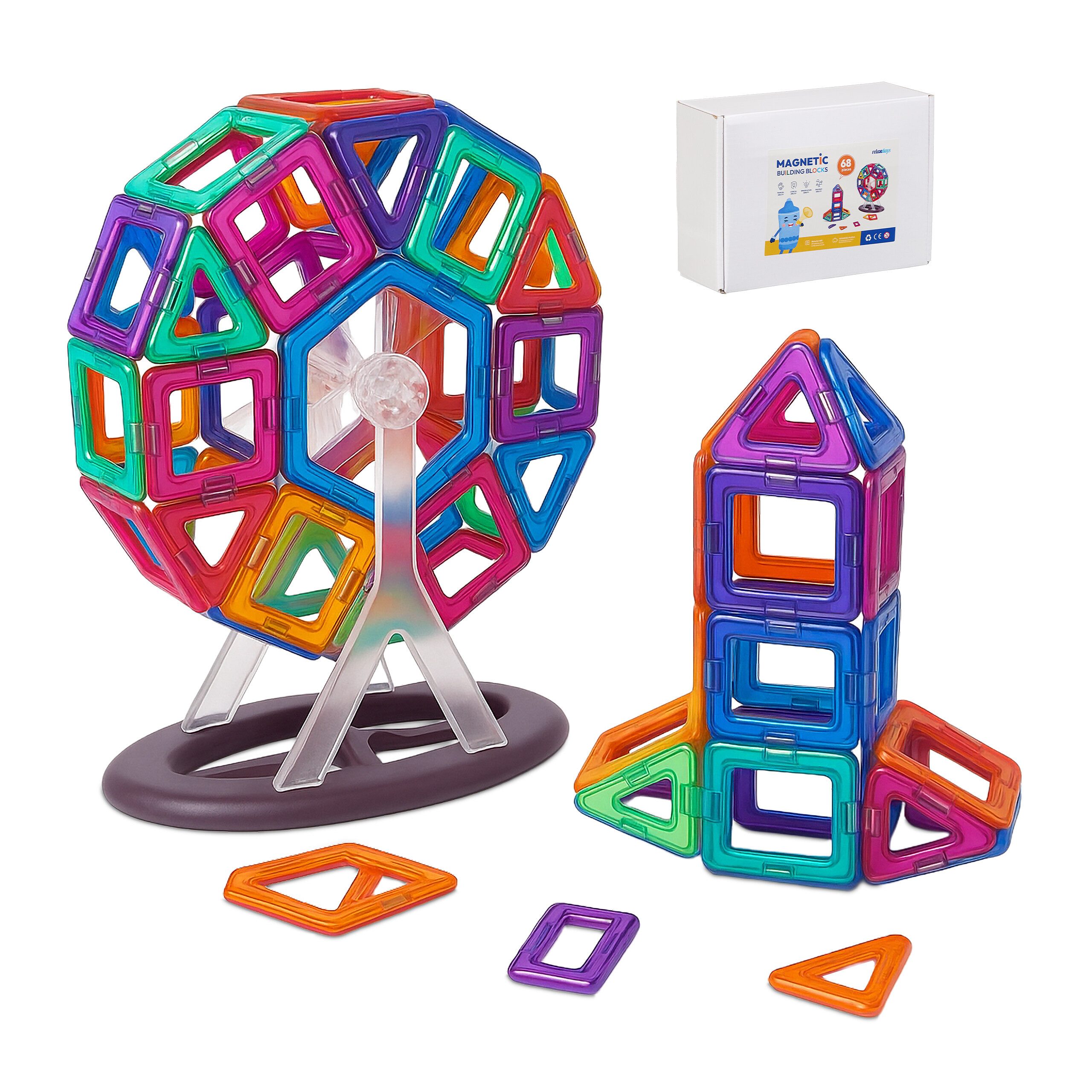 relaxdays Magnetbausteine Set für Kinder Magnetspielbausteine, (68 St), 68 Teile