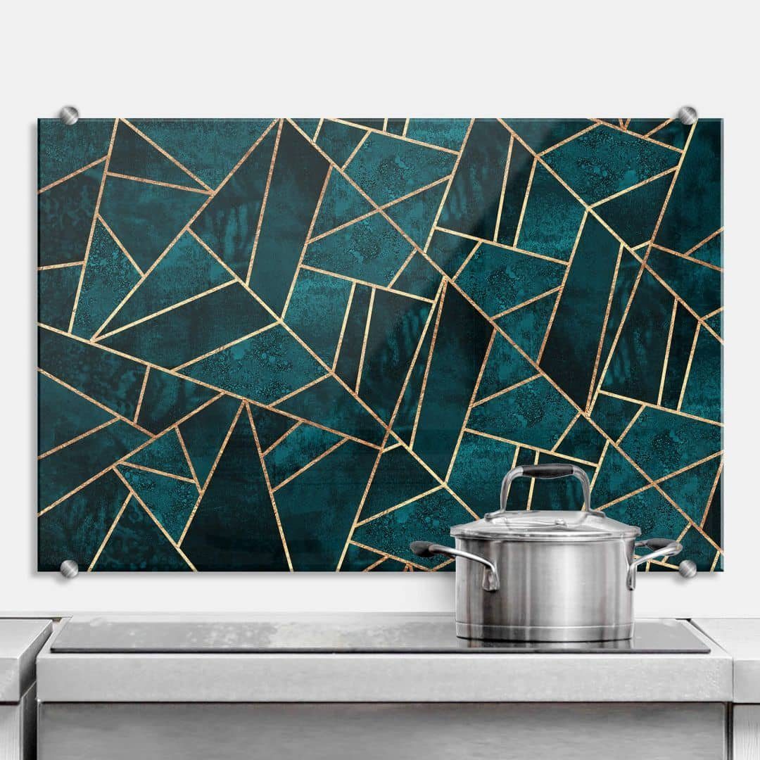K&L Wall Art Spritzschutz Glas Küchenrückwand Blau Grün Edelstein Dschungel