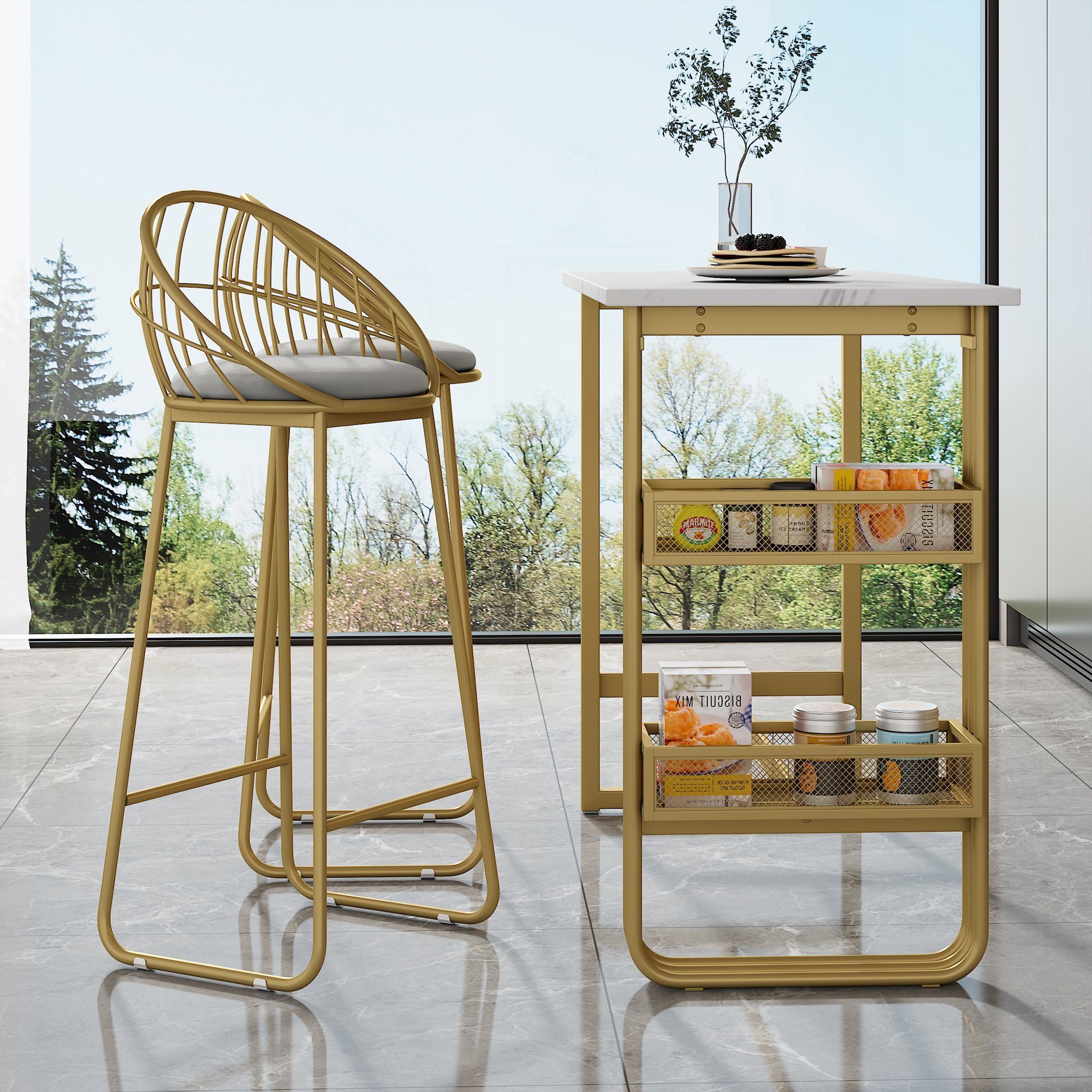 (Set, Essgruppe MDF, goldfarben, Barstühle, 120×48×100cm Ulife Regalen, mit 2 1 3-tlg., Metall, mit mit Bartisch Barstühle),