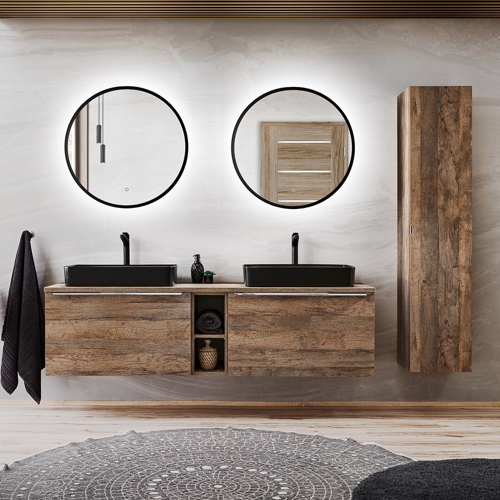 Badspiegel 80cm und Lomadox LED-Hintergundbeleuchtung Badezimmerspiegel PUEBLA-56, Touch-Schalter