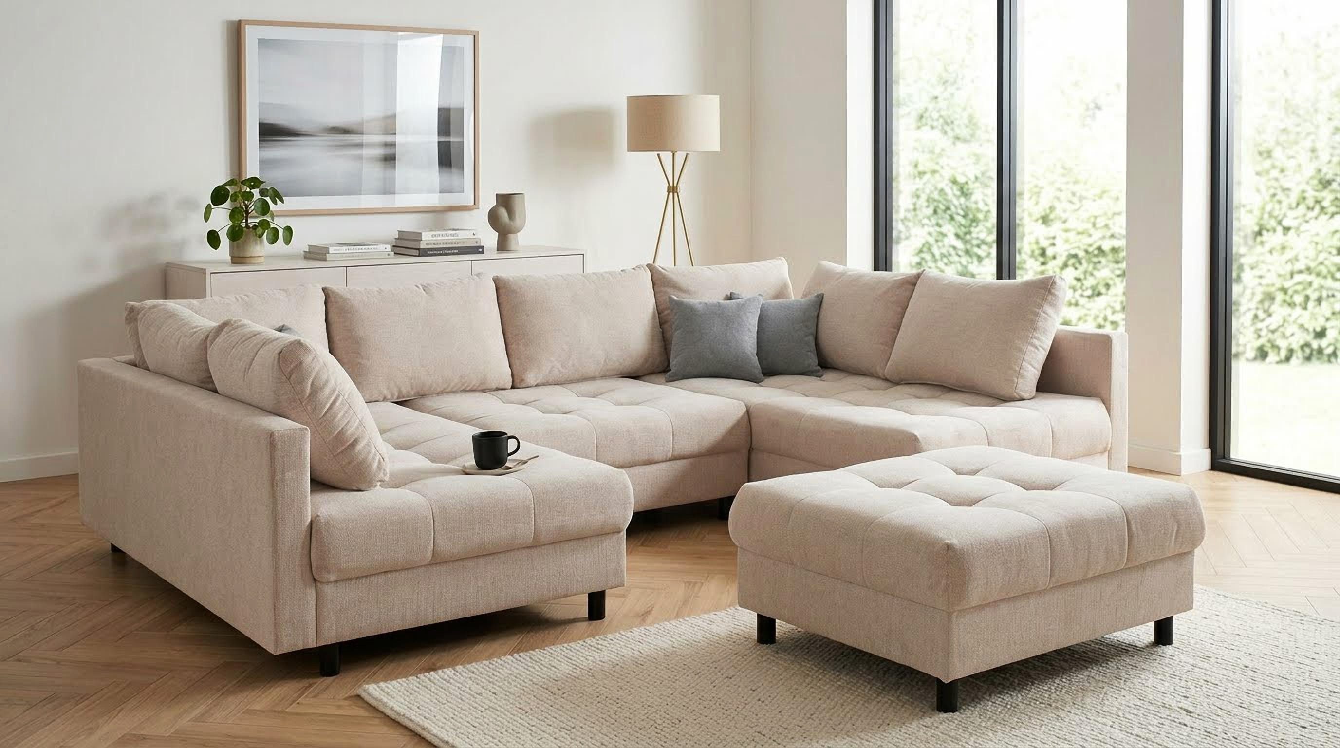 OTTO home Wohnlandschaft Antonia U-Form, B: 298 cm, inkl. Hocker, Federkernpolsterung, extra große Liegefläche, 282x178cm, inkl. 3 Zierkissen