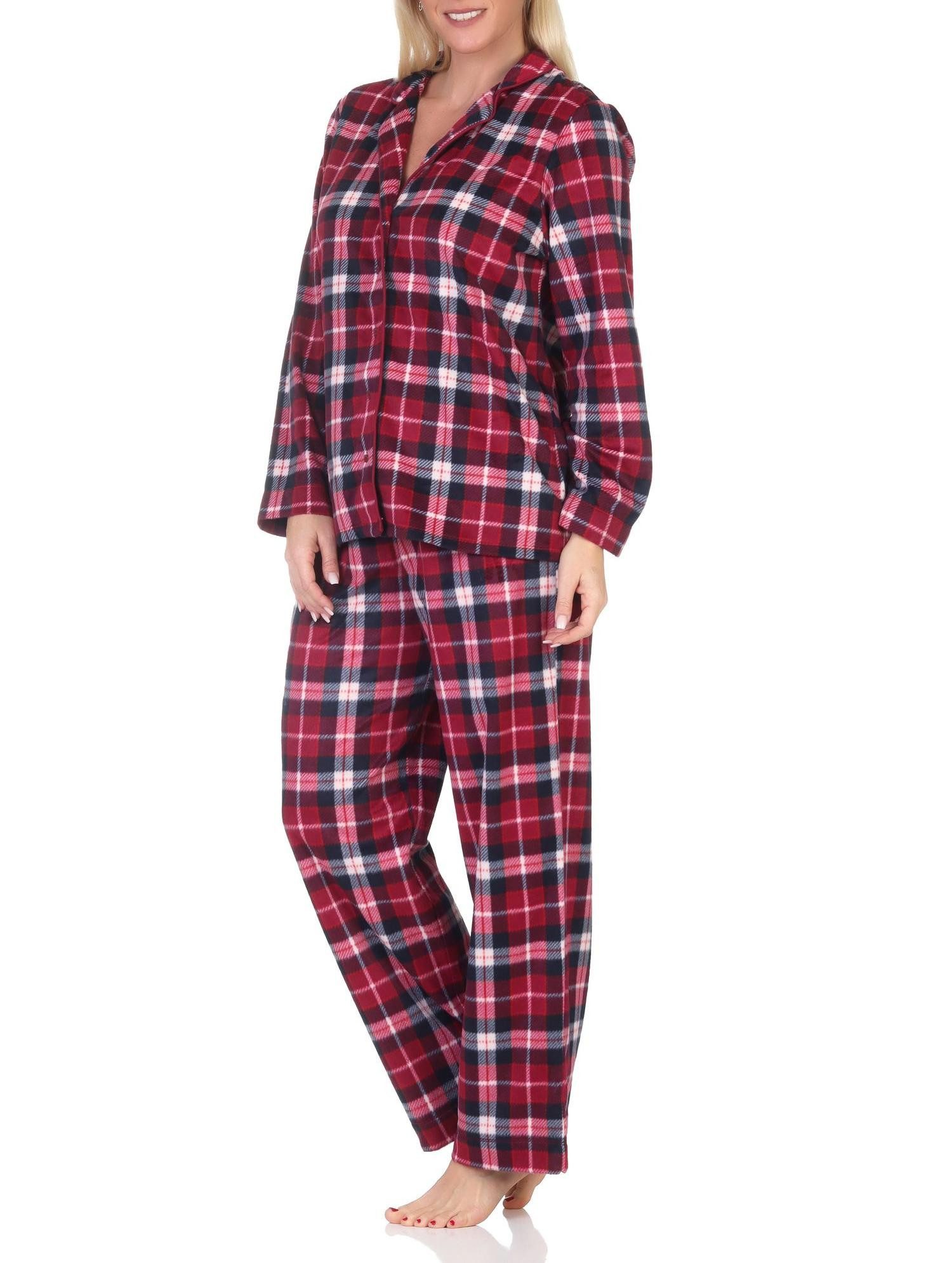Normann Pyjama Normann Damen Fleece Schlafanzug in edler Karo-Optik zum durchknöpfen