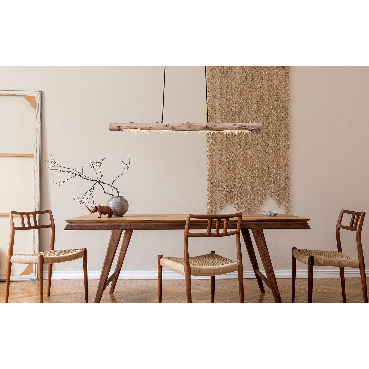 bmf-versand Hängeleuchte LED Hängeleuchte Esszimmer Wohnzimmer Hängelampe Holzbalken inkl., Pflegetuch, Kristalle, Acrylkristalle, Holz, LED fest integriert, Warmweiß, Pendellampe