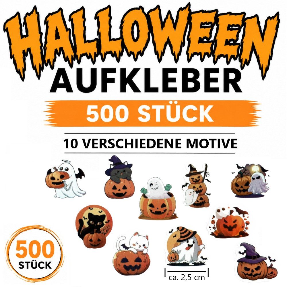 Ware aus aller Welt Sticker 500 Halloween Sticker – 10 Motive, ca. 2,5 cm selbstklebend Aufkleber, (500-tlg)
