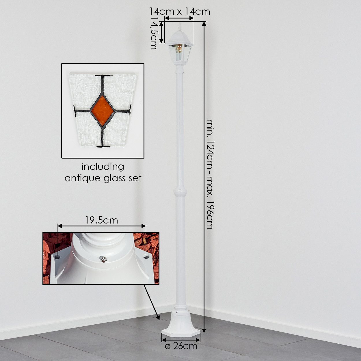 hofstein Pollerleuchte Außenwegeleuchte aus Metall/Glas in Weiß/Klar/Orange, Wegelampe im Antik/Landhaus/Vintage-Design, Höhe 296 cm, E27, IP44