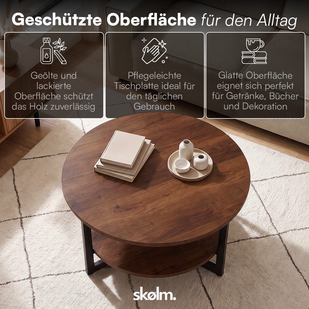 skølm Couchtisch Drakkar aus Massivholz Eiche, Tisch mit Metallgestell (Walnussoptik), Wohnzimmertisch Ø70 cm mit 2 Ablageflächen – Bild 4 von 5