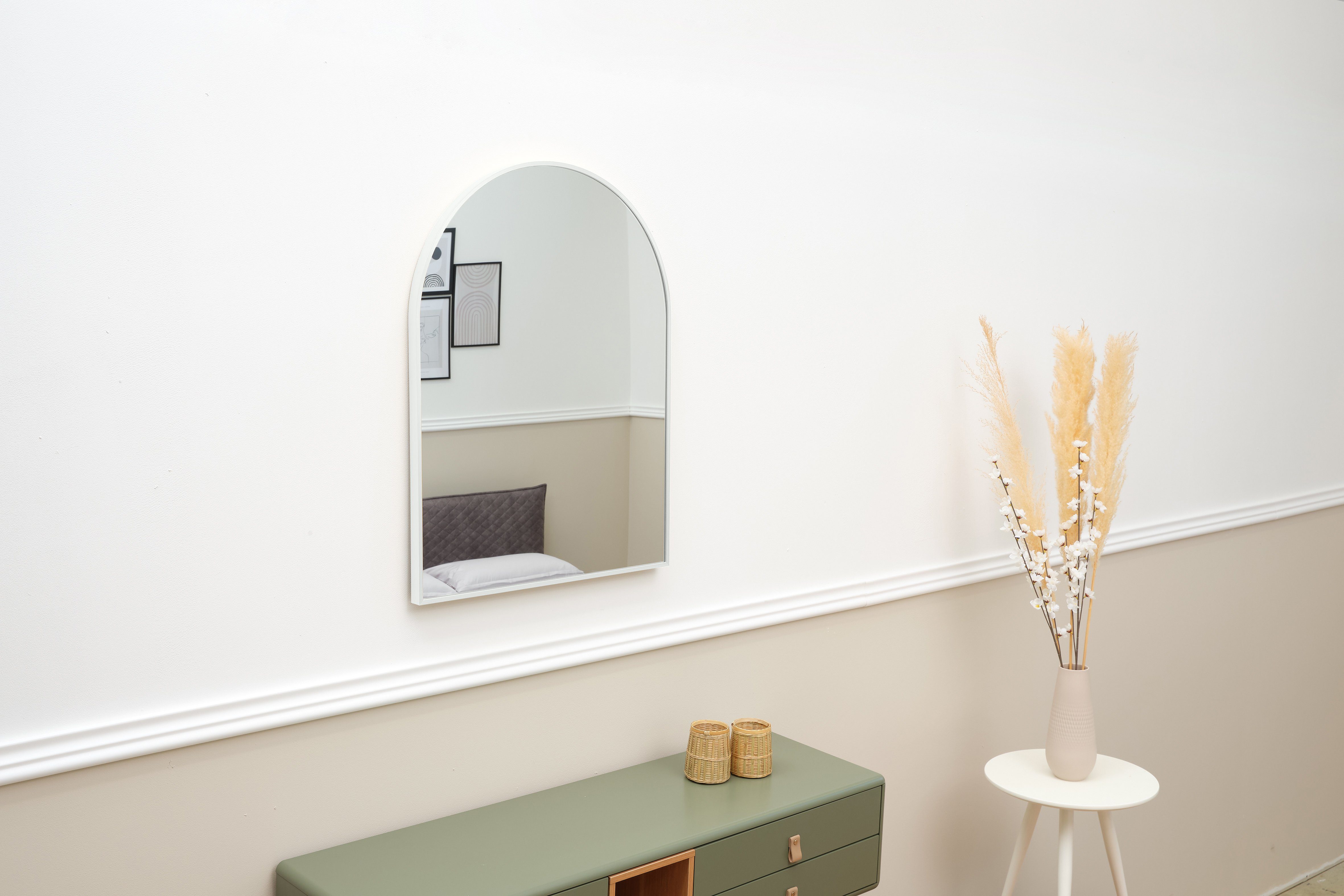 Flurspiegel Badezimmerspiegel Home Spiegel (weiß Wandspiegel Schrauben | weiß Terra Bogenform 60x80 Metallrahmen Dübel), Schminkspiegel, und inklusive weiß