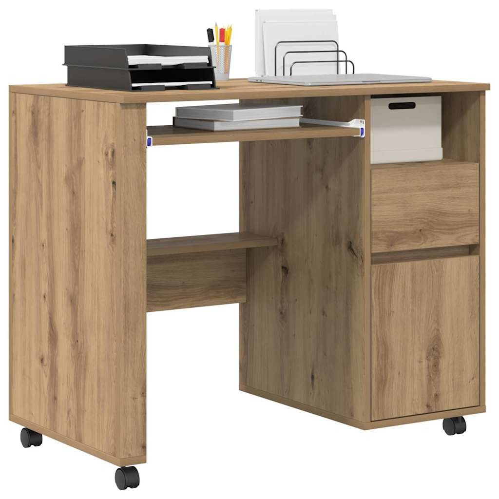 vidaXL Schreibtisch Tisch mit Rädern Artisan-Eiche Holzwerkstoff 91 x 50 x 77 cm (1-St) – Bild 3 von 5