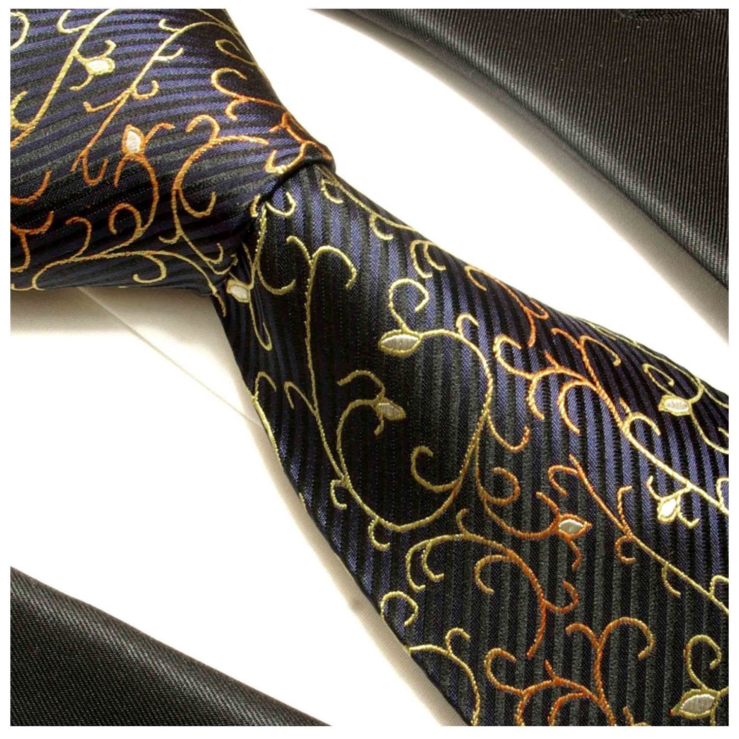 (Set, Malone Paul Seidenkrawatte 534 Schmal Krawatte 100% Tuch (6cm), Herren Einstecktuch) Seide mit floral Krawatte gold 2-St., modern blau schwarz mit