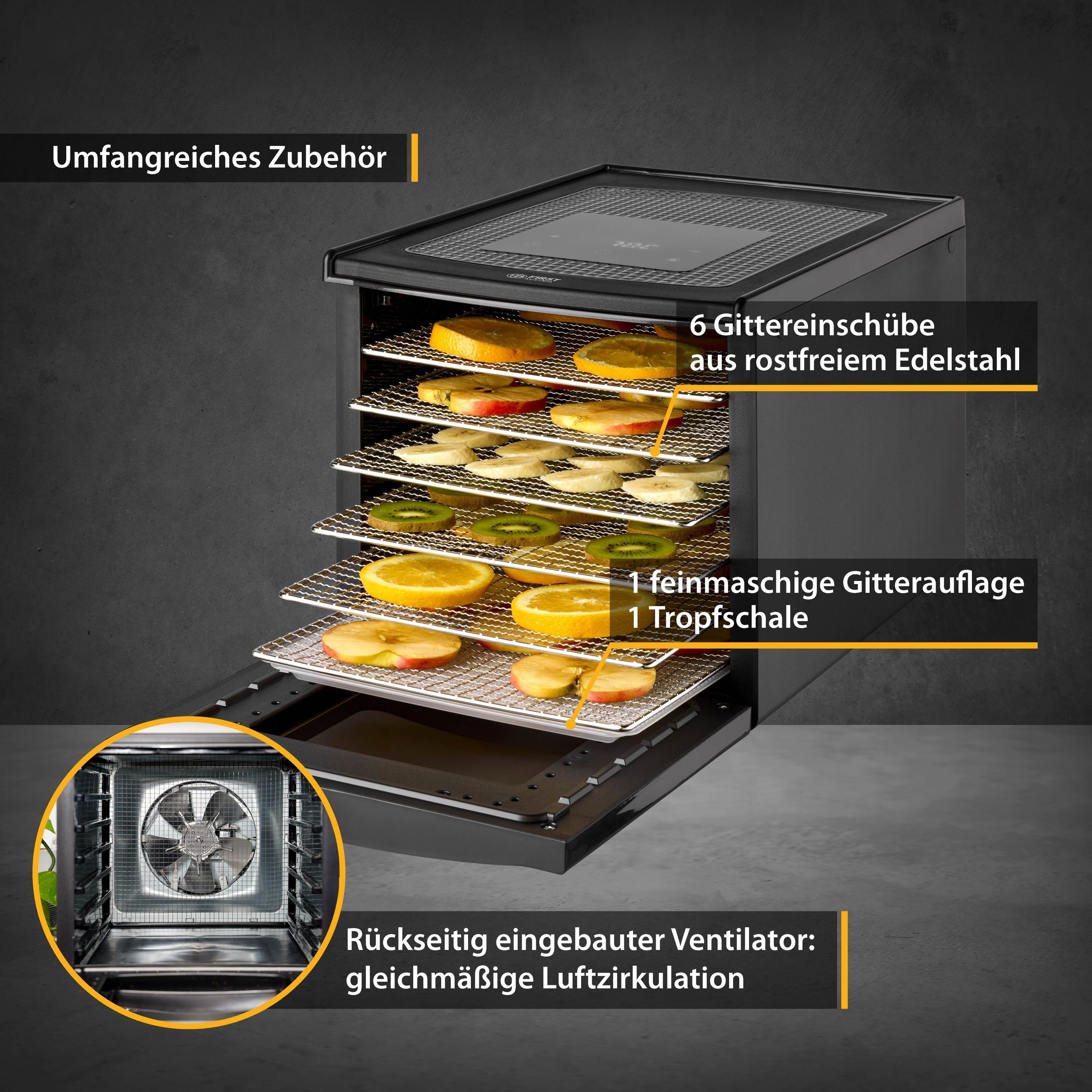 6 mit und Zeitschaltuhr Edelstahl, digital, TZS AUSTRIA Temperaturregler 35-70°C, Dörrgerät, Dörrapparat Dörrtablets aus mit 24h-Timer FIRST Dörrautomat Etagen,