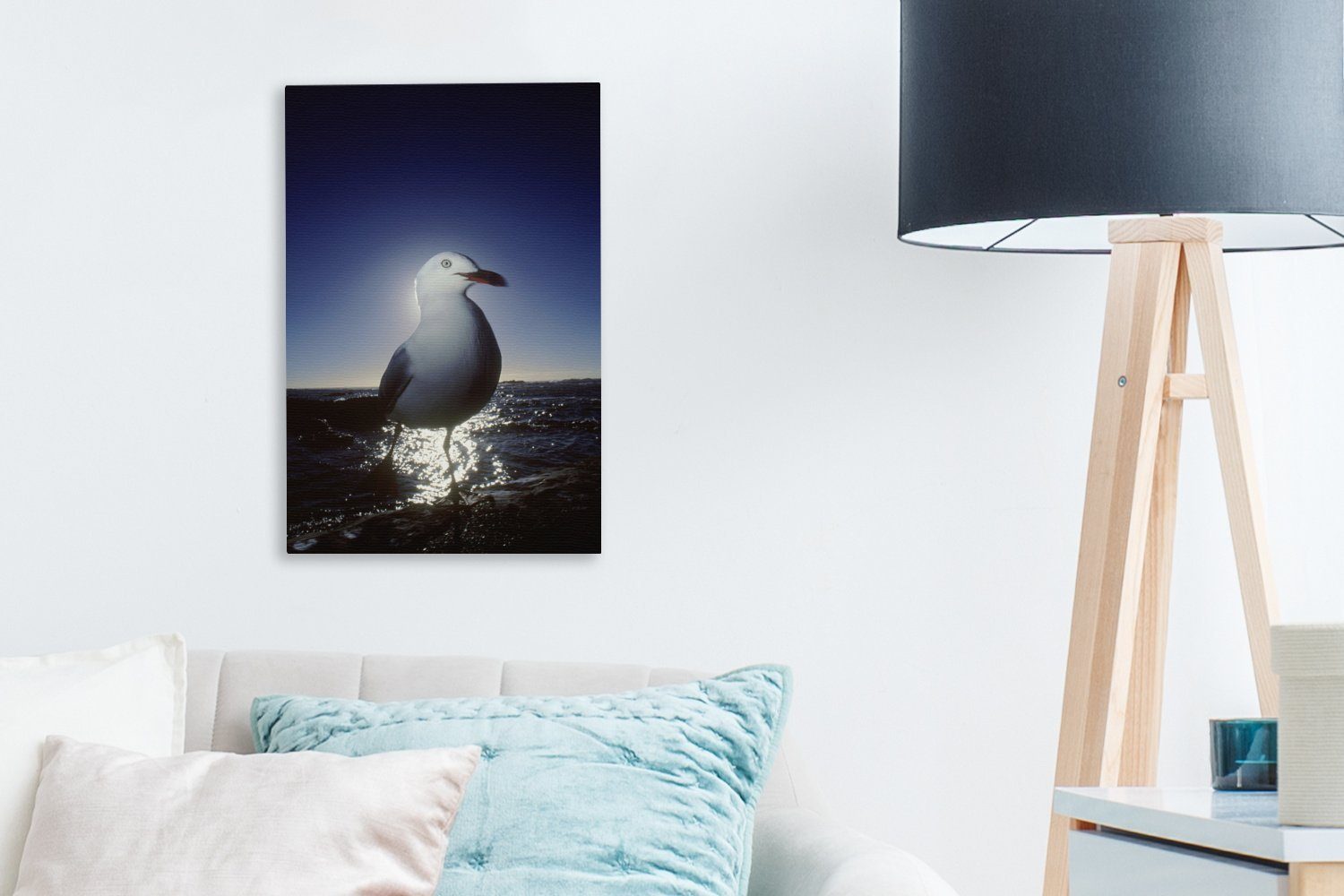 OneMillionCanvasses® Leinwandbild Weißkopfmöwe bei inkl. 20x30 (1 St), bespannt cm Gemälde, fertig Zackenaufhänger, Sonnenuntergang, Leinwandbild