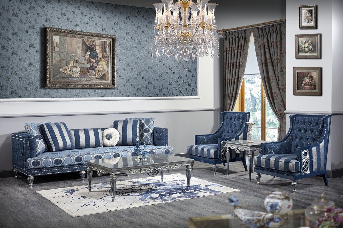 Blau gestreift Barockmöbel Chesterfield Padrino 100 x Chesterfield-Sessel Silber - Luxus / 77 cm Wohnzimmer 76 x Barock H. Casa Sessel