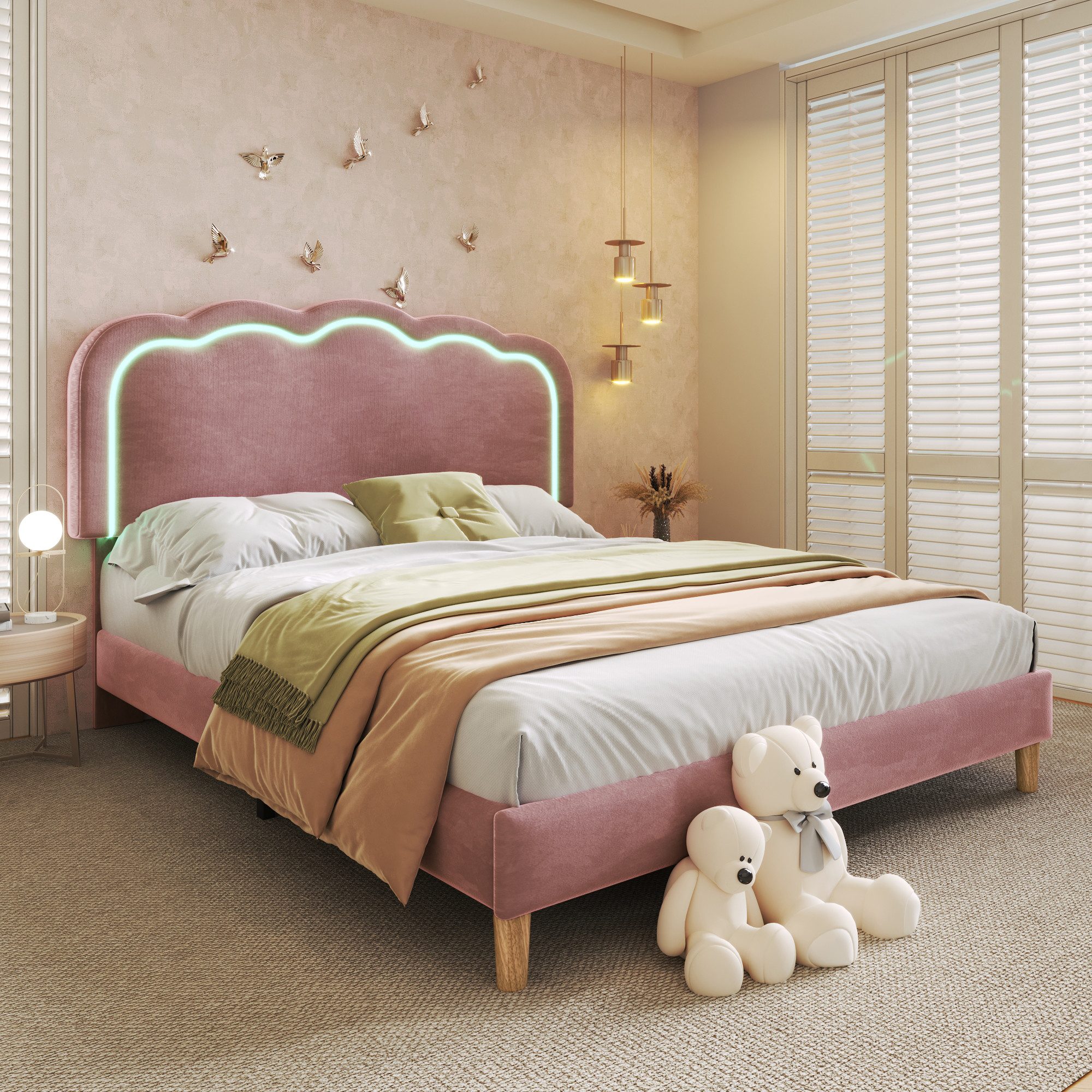 STILVORA Polsterbett 140×200 mit LED,Bettgestell Jugendbett mit verstellbares Kopfteil (mit Kopfteil in Blumenform und Lattenrost, 1-tlg), Hautfreundlichem Samtstoff