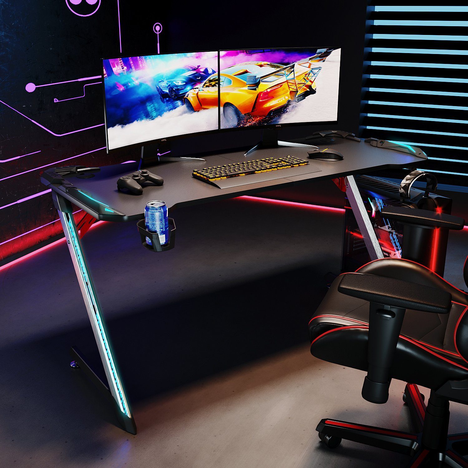 SONNI Gamingtisch Gaming Desk mit LED 140 cm Schreibtisch Computertisch PC ergonomische, mit Getränkehalter und Kopfhörerhaken