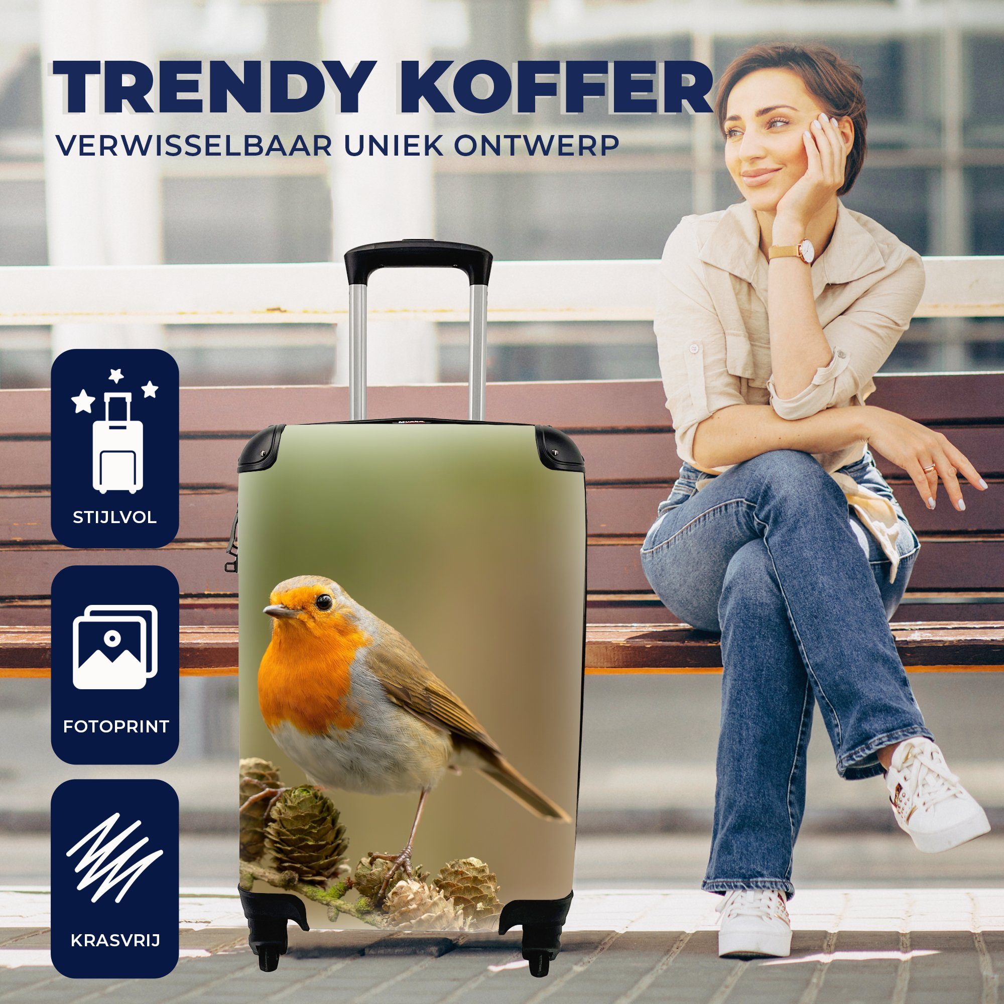 Trolley, Herbst, Ferien, Rollen, mit MuchoWow Reisekoffer Handgepäckkoffer 4 für Reisetasche Zweig Tannenzapfen - - - Vogel - Rotkehlchen rollen, Handgepäck