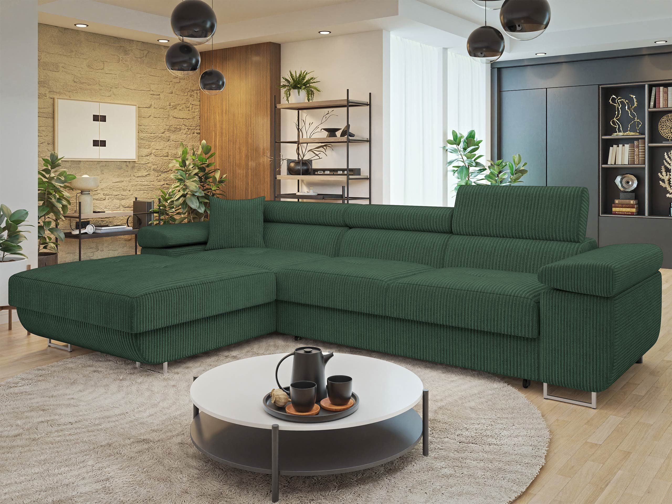 MIRJAN24 Ecksofa Torezio Mini Cord, mit Bettkasten und Schlaffunktion, Einstellbare Kopfstützen, 280x170x70-90 cm