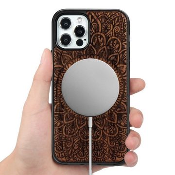 Wigento Smartphone-Hülle Holzfurnier Mandala geprägte Magsafe Hülle Handy Tasche Rosen für Apple iPhone 12 Pro Max 6.7 Zoll