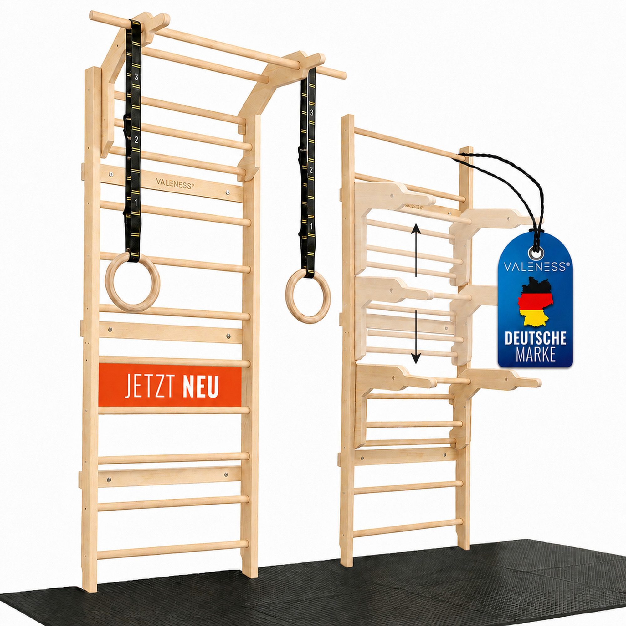 Sprossenwand Sprossenwand aus Holz mit Klimmzugstange, Dip-Station & 2 Turnringen