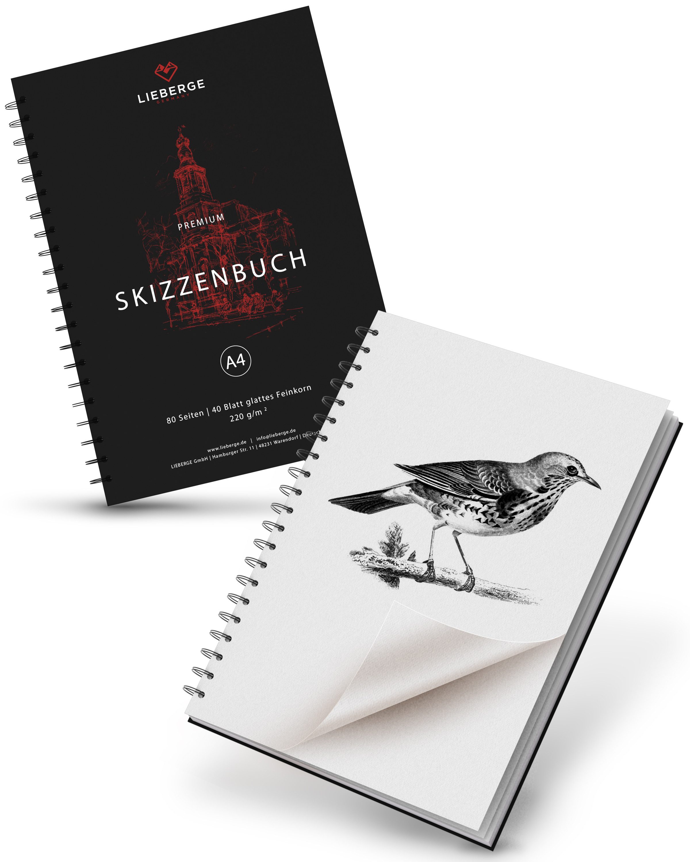 LIEBERGE Skizzenbuch Premium A4 220g – Radierfestes Sketchbook made in Germany, Säurefreies Papier, 220g/m², Hardcover