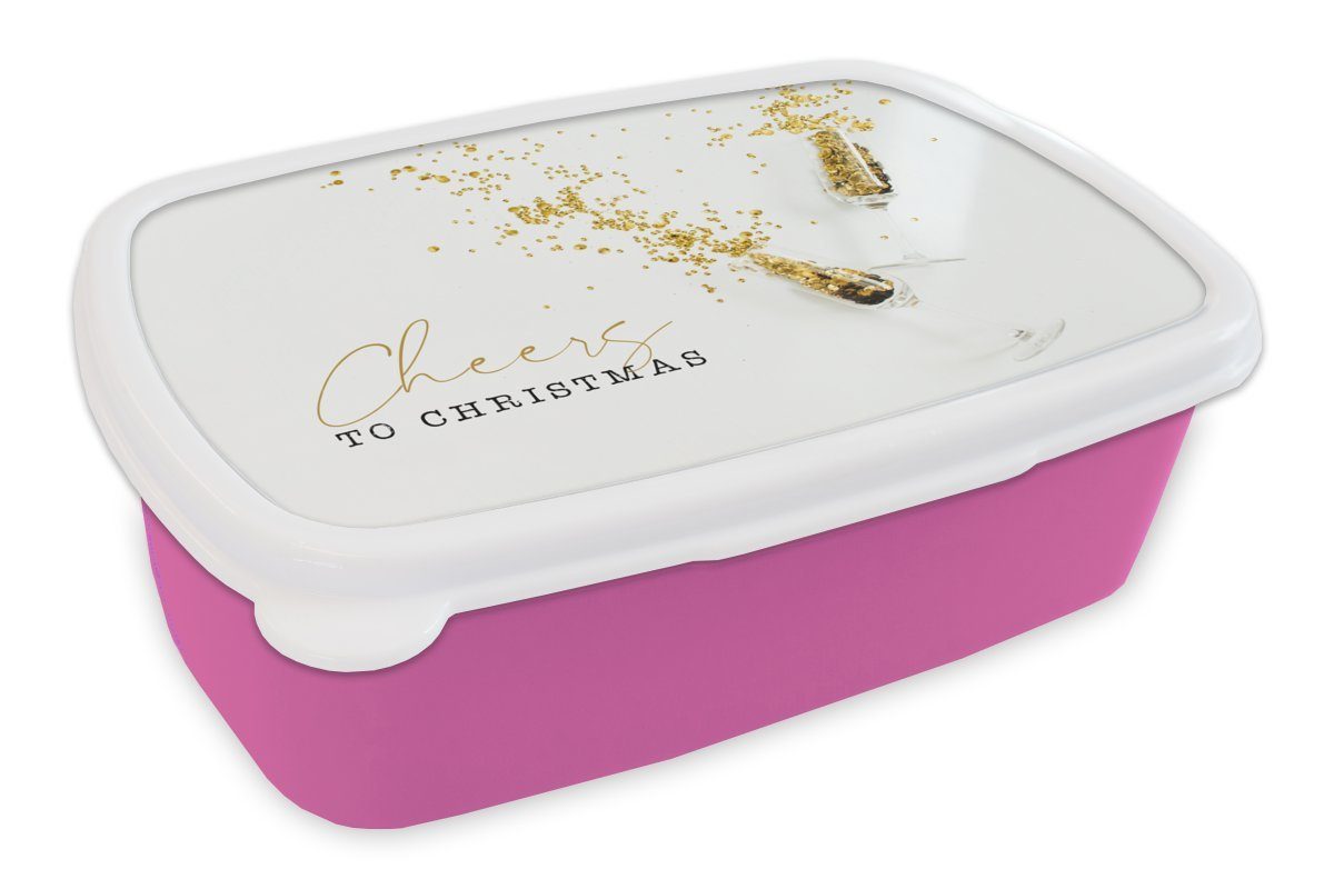 MuchoWow Lunchbox Winter - Gold - Weiß, Kunststoff, (2-tlg), Brotbox für Erwachsene, Brotdose Kinder, Snackbox, Mädchen, Kunststoff rosa