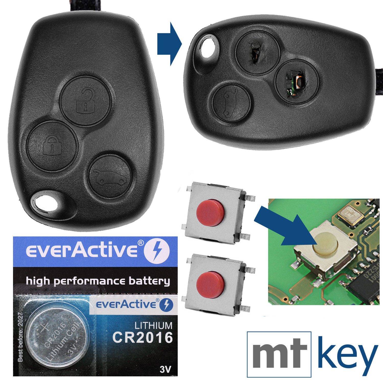mt-key Auto Schlüssel Ersatz Gehäuse 3 Tasten + 3X Mikrotaster + 1x CR2016 Knopfzelle, CR2016 (3 V), für Renault Funk Fernbedienung