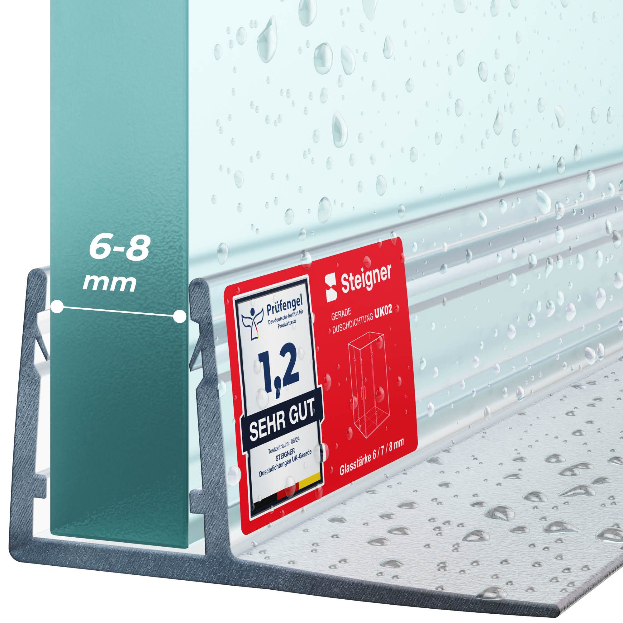 STEIGNER Duschdichtung Duschtürdichtung gerade UK02 30 cm (1 Stk) Transparent 6-8 mm, L: 30 cm, (1 Stück Packung, Einzeldichtung), Dichtung gerade für Eckeinstieg Dusche oder Fünfeckdusche mit Duschtür
